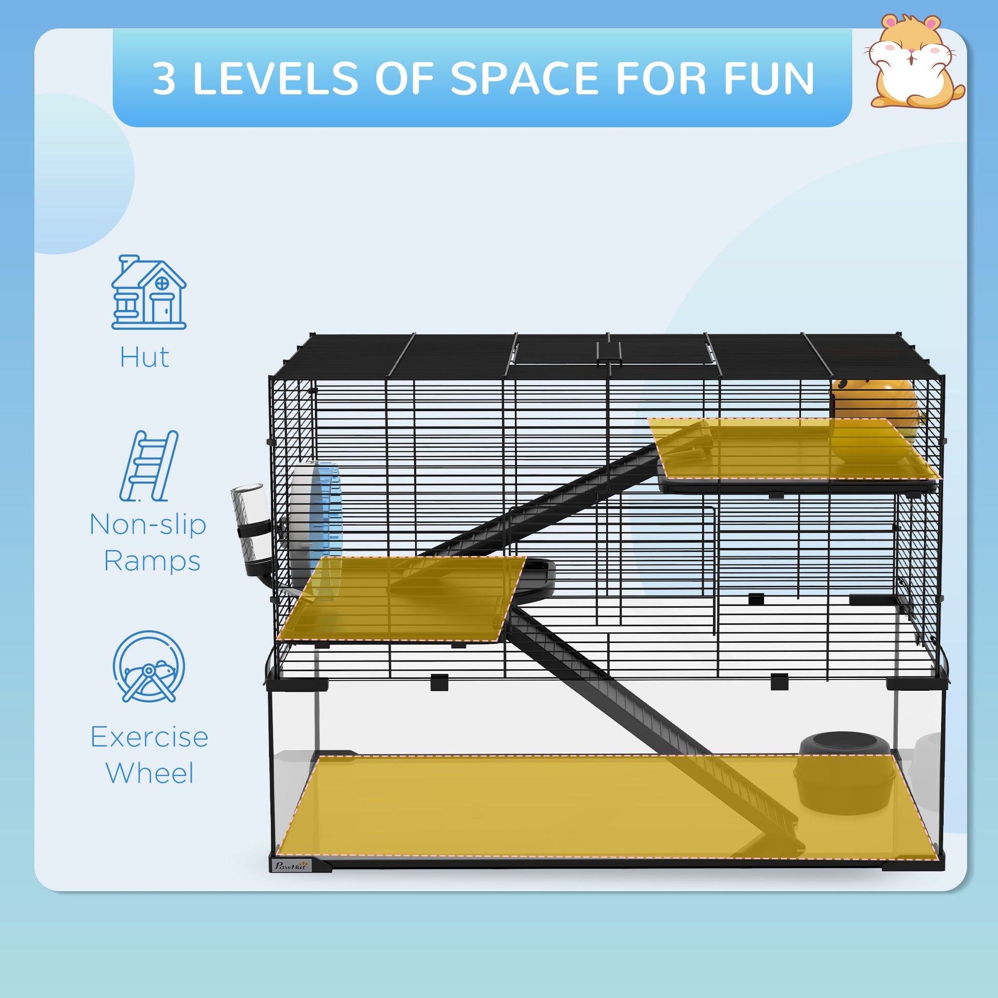 3 Tiers Hamster Cage, Gerbil Cage with Deep Glass Bottom, Non-Slip Ramps, Platforms, Hut, Exercise Wheels, Water Bottle, Dish, for Syrian Hamster, Dwarf Hamster, 78.5 x 48.5 x 57cm
