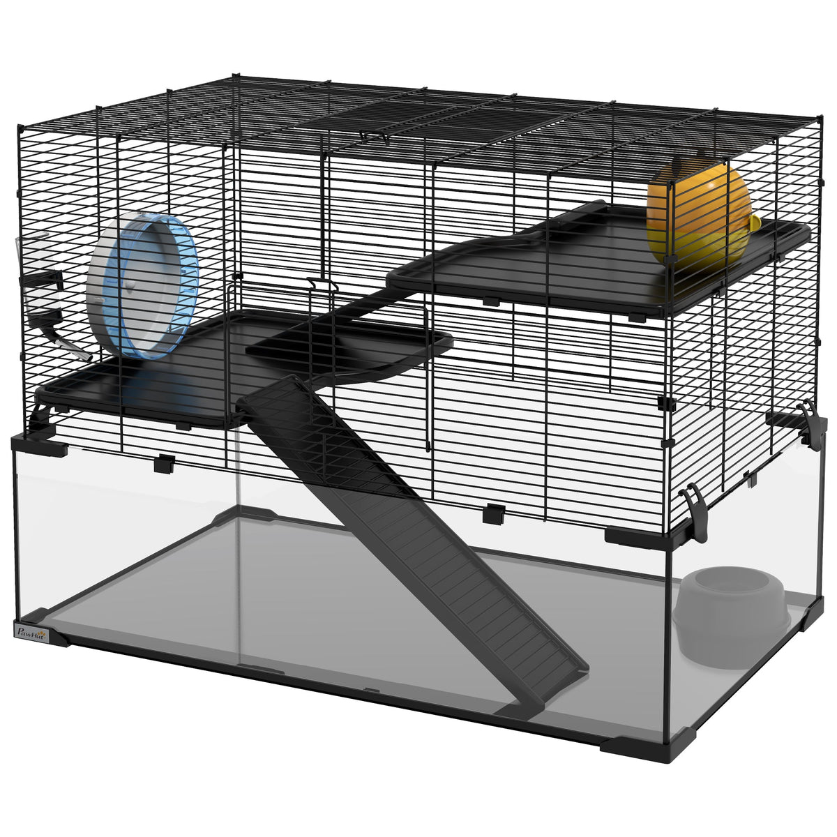 3 Tiers Hamster Cage, Gerbil Cage with Deep Glass Bottom, Non-Slip Ramps, Platforms, Hut, Exercise Wheels, Water Bottle, Dish, for Syrian Hamster, Dwarf Hamster, 78.5 x 48.5 x 57cm