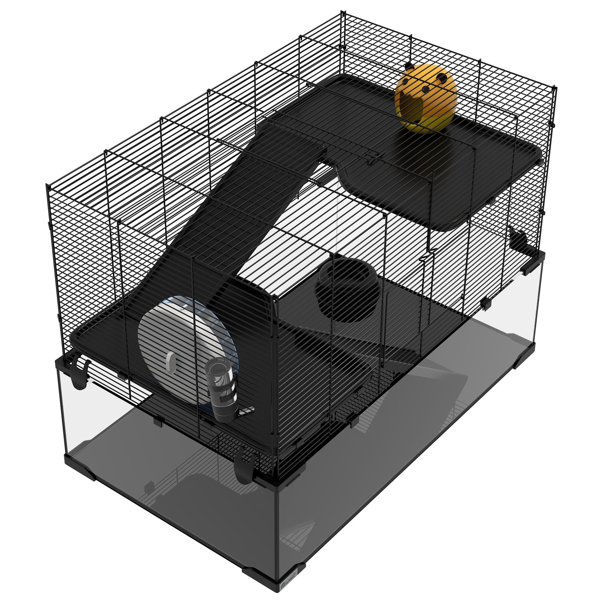 3 Tiers Hamster Cage, Gerbil Cage with Deep Glass Bottom, Non-Slip Ramps, Platforms, Hut, Exercise Wheels, Water Bottle, Dish, for Syrian Hamster, Dwarf Hamster, 78.5 x 48.5 x 57cm