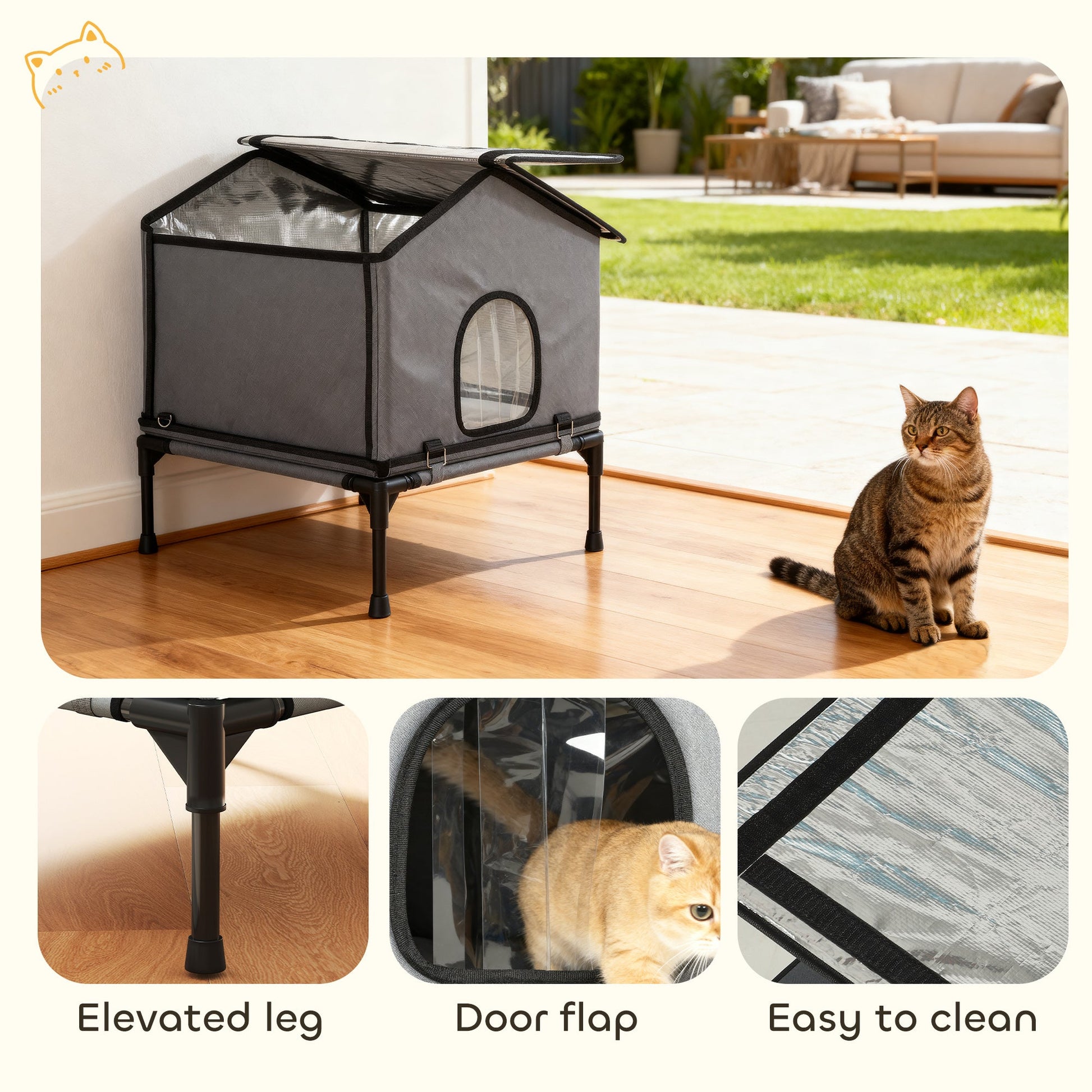 Outdoor Cat House, Waterproof Insulated Cat Kennel with Elevated Base, Cushion, Foldable Feral Kitty Shelter for Indoor Outdoor Kittens, Grey