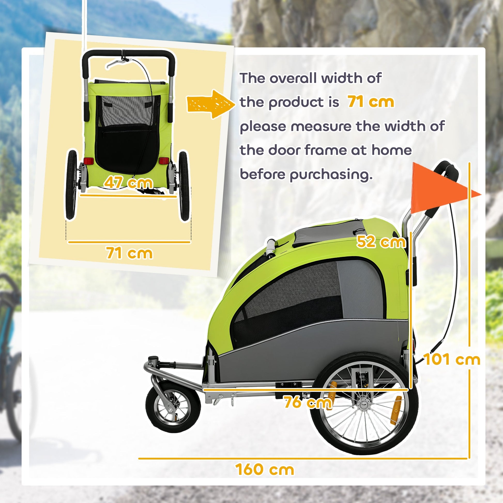 2 in 1 Dog Bike Trailer, Dog Stroller, Foldable Pet Bicycle Trailer Wagon with Suspension, 600D Oxford Fabric, Reflectors, Handbrake, Universal Hitch Coupler, for Medium Dogs up to 20kg, Green
