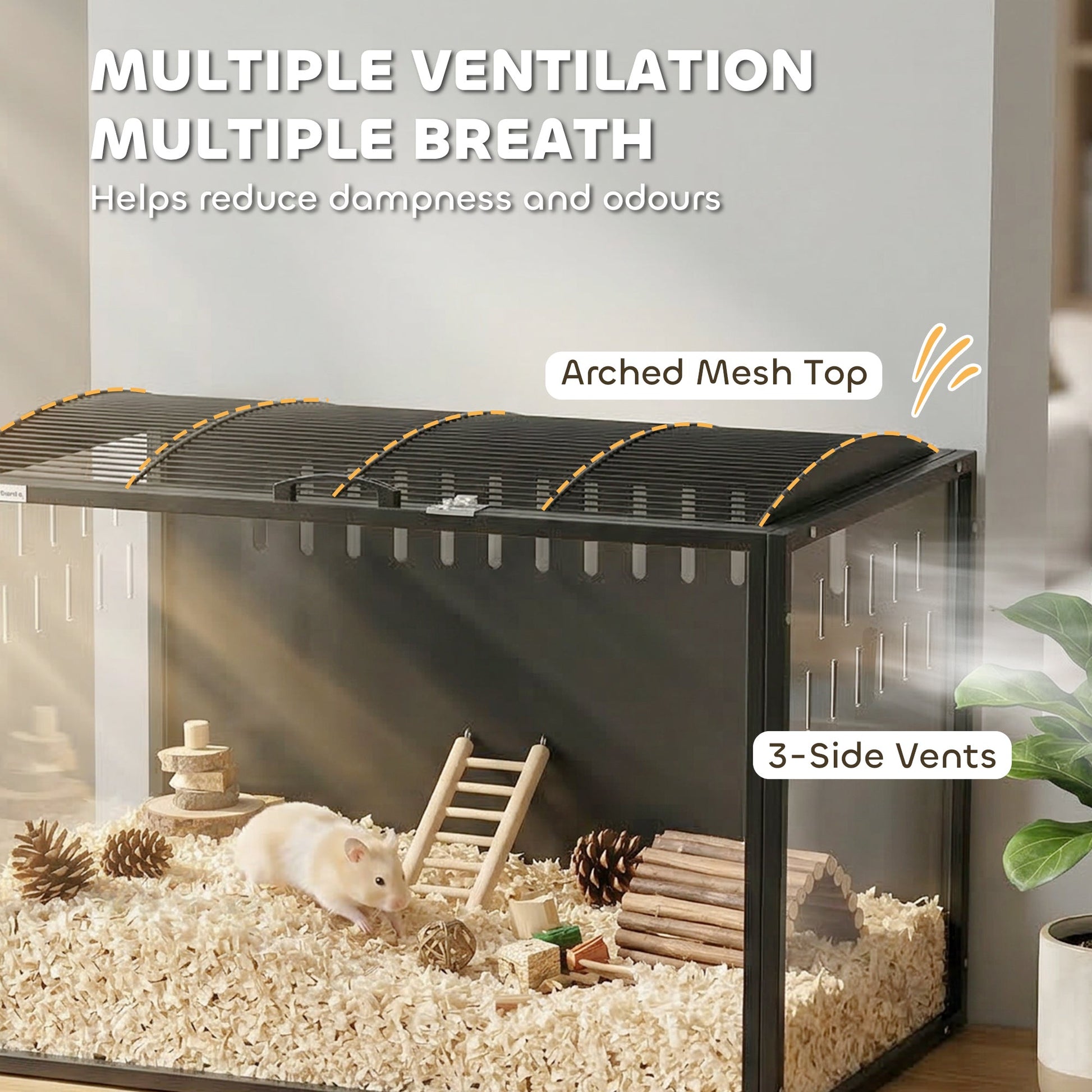 Hamster Cage Steel Frame Chewproof, Large Rat Cage with Openable Top, Deep Burrow, Transparent Small Animal Habitat for Dwarf Syrian Hamster, Gerbil, Rats, 81L x 51W x 53H cm