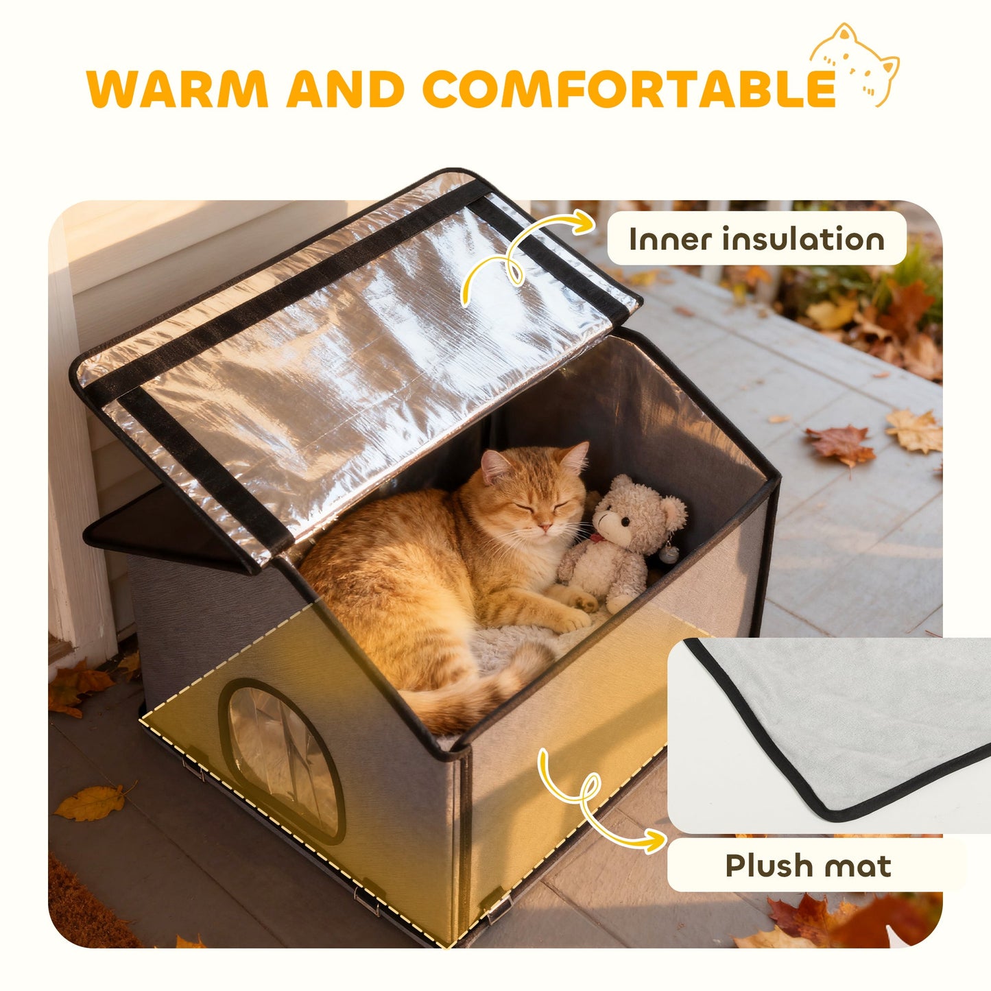 Outdoor Cat House, Waterproof Insulated Cat Kennel with Elevated Base, Cushion, Foldable Feral Kitty Shelter for Indoor Outdoor Kittens, Grey