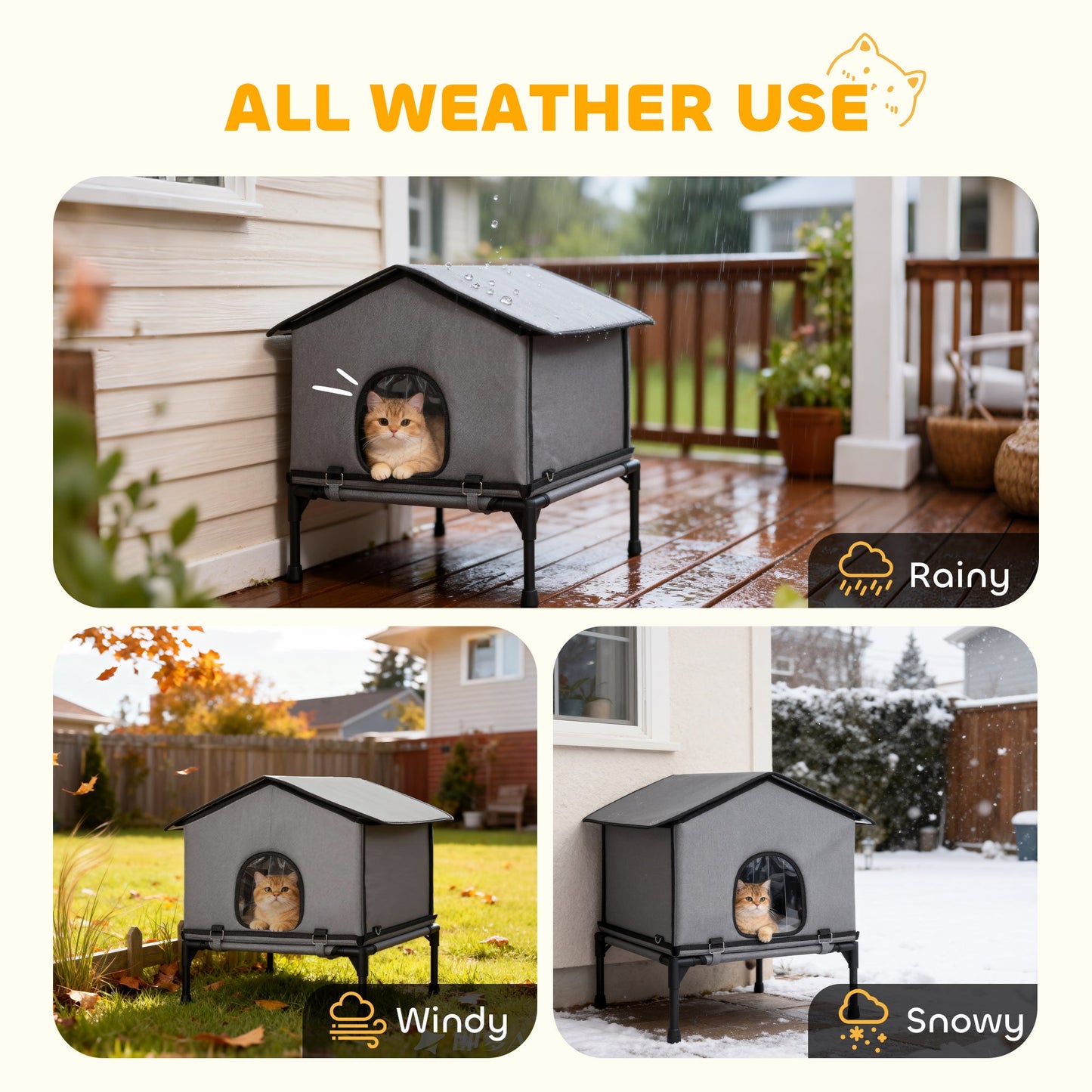 Outdoor Cat House, Waterproof Insulated Cat Kennel with Elevated Base, Cushion, Foldable Feral Kitty Shelter for Indoor Outdoor Kittens, Grey