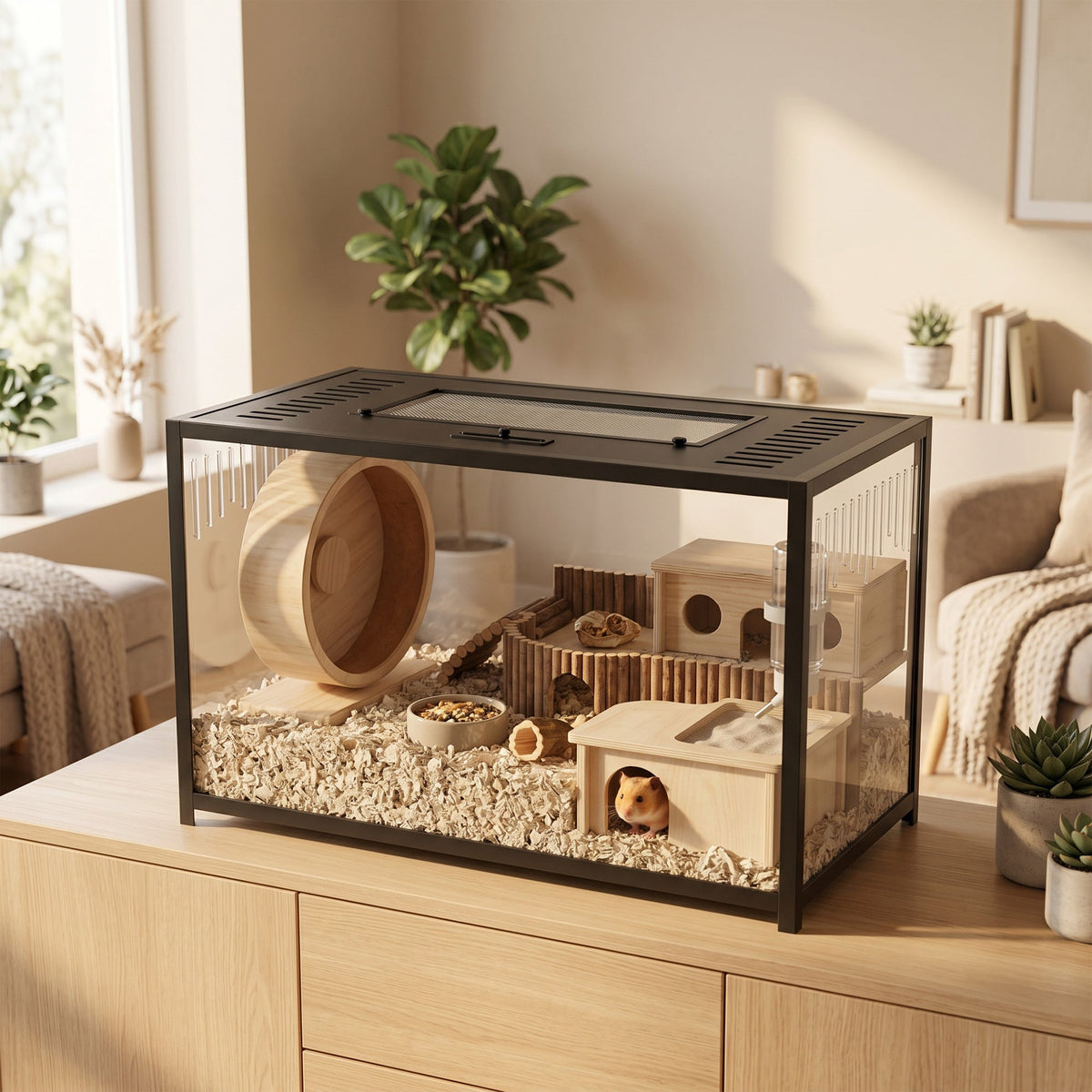 Hamster Cage, Chewproof Metal Rat Cage with Deep Base, Openable Top & Excellent Ventilation, Transparent Small Animal Habitat for Syrian Dwarf Hamster, Gerbil, 80 x 45 x 50.5 cm, Black