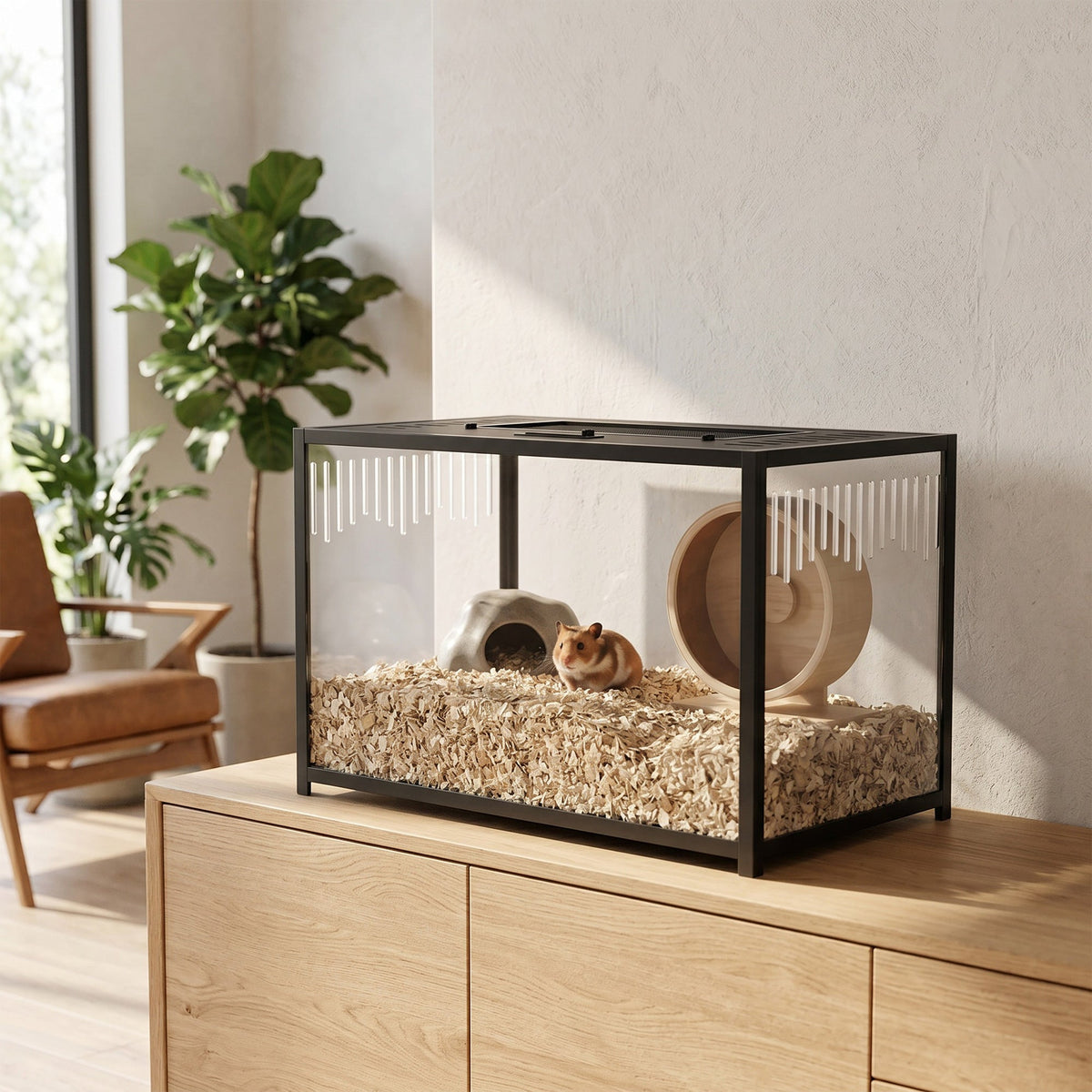 Hamster Cage, Chewproof Metal Rat Cage with Deep Base, Openable Top & Excellent Ventilation, Transparent Small Animal Habitat for Syrian Dwarf Hamster, Gerbil, 80 x 45 x 50.5 cm, Black