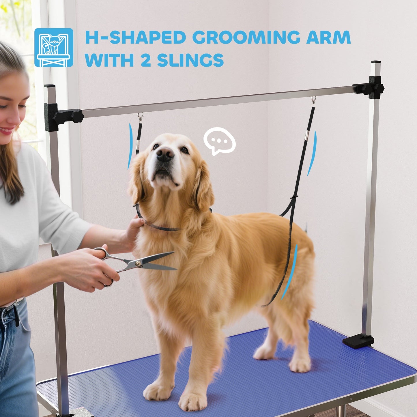 42" Foldable Dog Grooming Table Adjustable Pet Cat Drying Beauty Table Rubber Top with 2 Loops Storage Basket Metal Blue