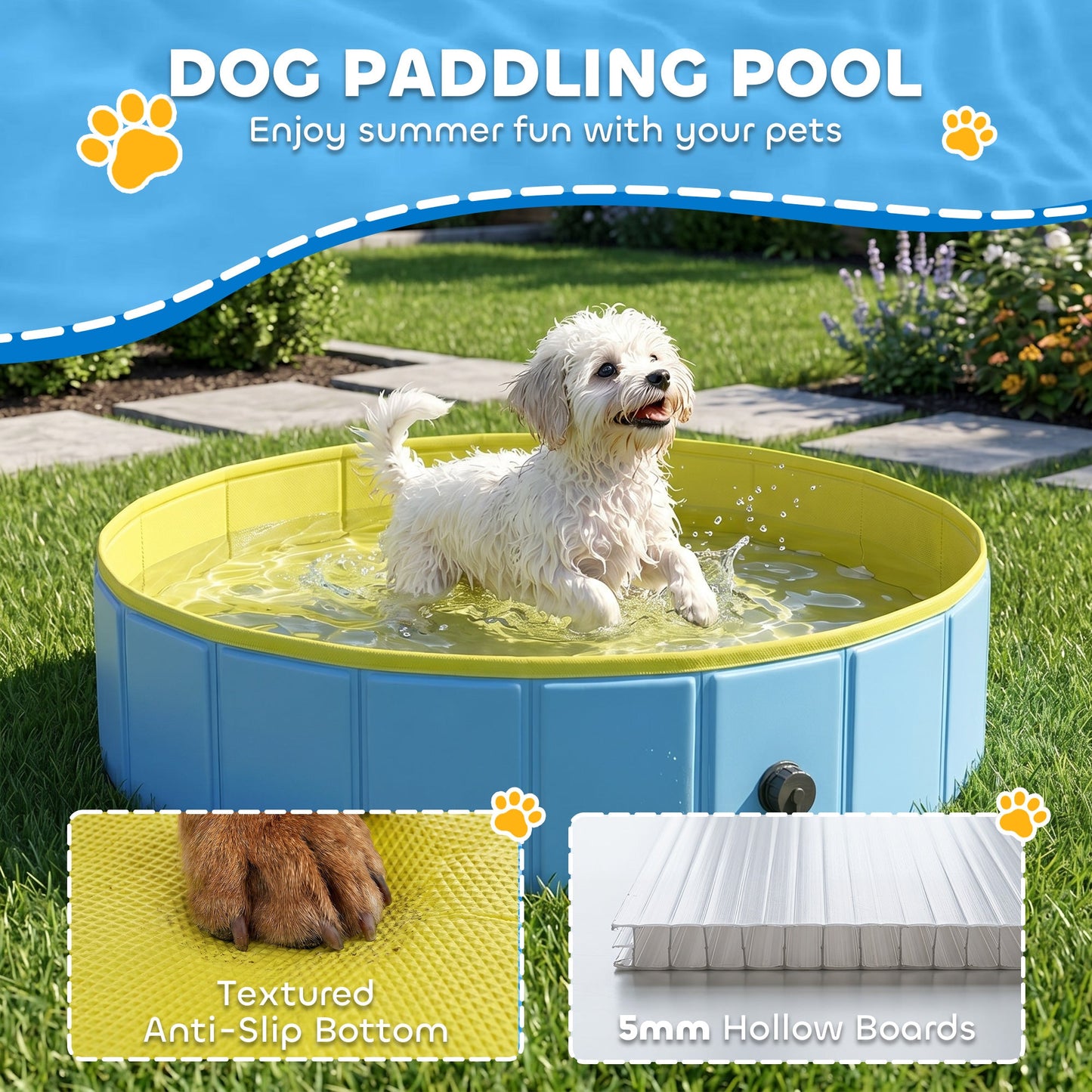 Foldable Dog Pool for Puppies and Ducks, Thickened PVC Dog Paddling Pool Bath Tub Hard Board, Anti-Slip Bottom and Hose Adapter for Easy Drainage, 80 x 20cm, Blue and Yellow