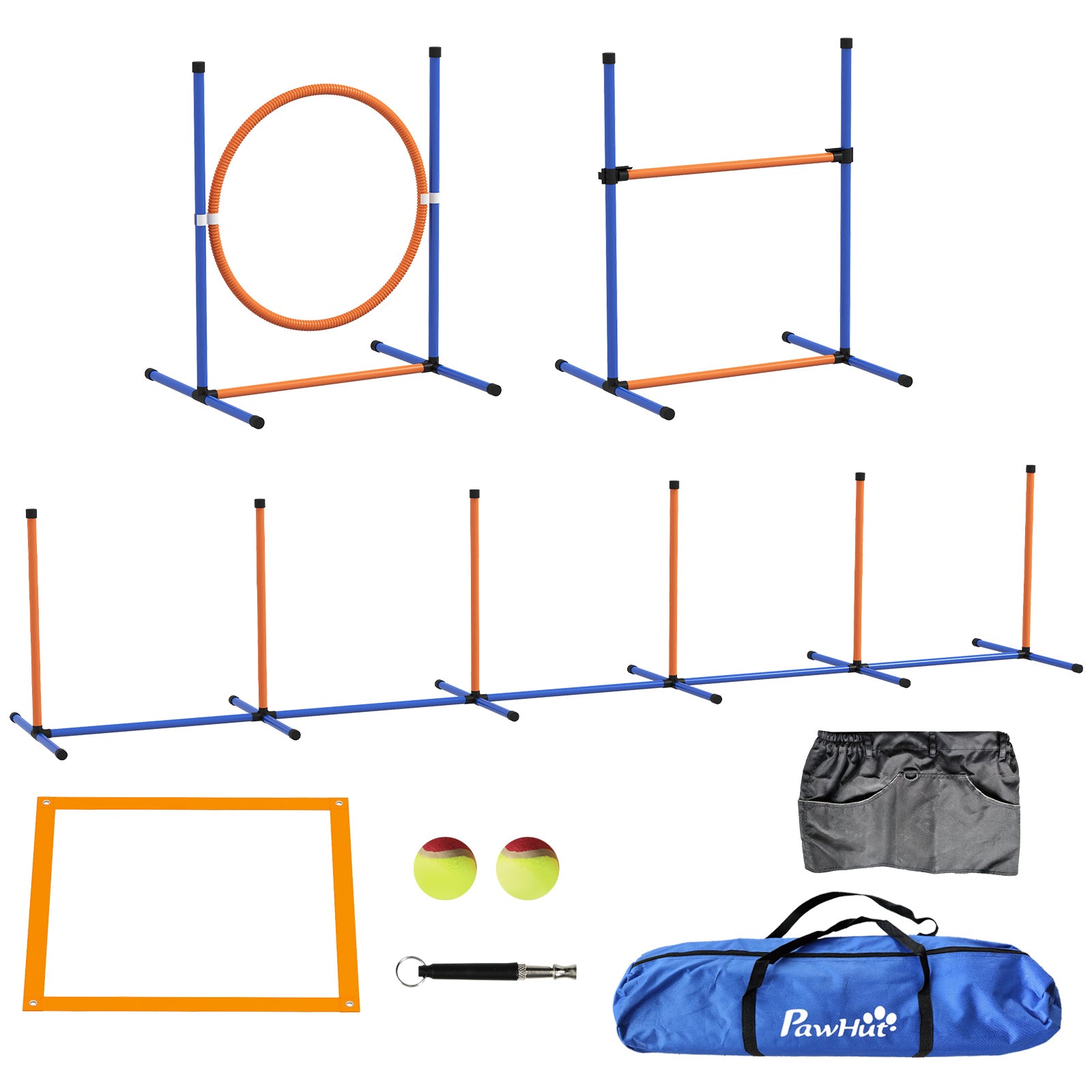 Dog Agility Equipment Set, 8 Piece Outdoor Agility Kit w/ Weave Poles, Adjustable High Jump Ring, Hurdle, Pause Box, Tennis Balls, Whistle, Training Shorts, Carrying Bag, for Dogs - Orange