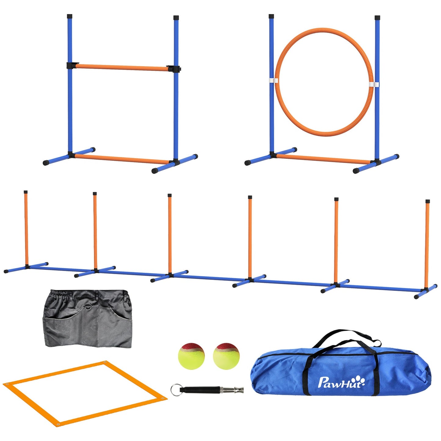 Dog Agility Equipment Set, 8 Piece Outdoor Agility Kit w/ Weave Poles, Adjustable High Jump Ring, Hurdle, Pause Box, Tennis Balls, Whistle, Training Shorts, Carrying Bag, for Dogs - Orange