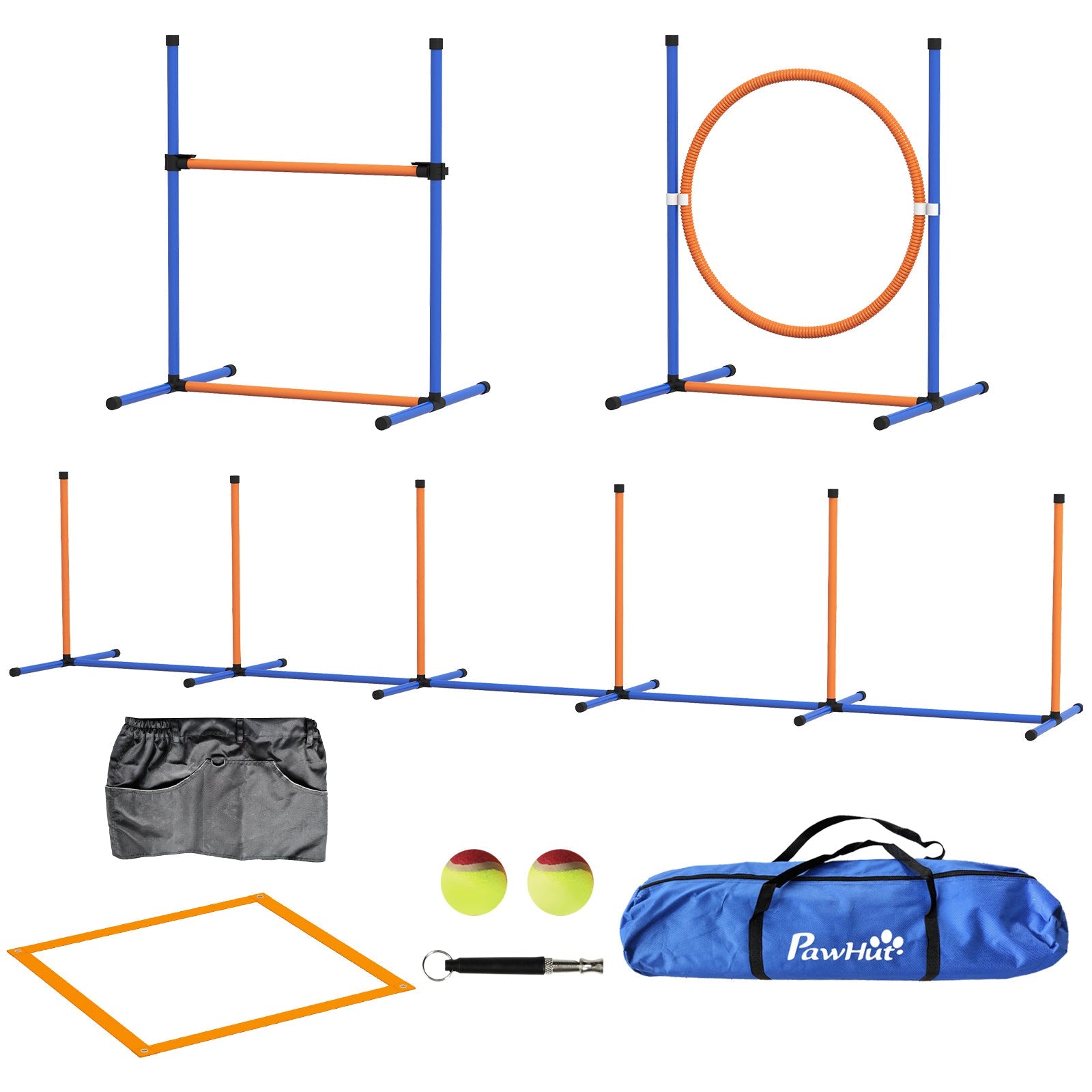Dog Agility Equipment Set, 8 Piece Outdoor Agility Kit w/ Weave Poles, Adjustable High Jump Ring, Hurdle, Pause Box, Tennis Balls, Whistle, Training Shorts, Carrying Bag, for Dogs - Orange
