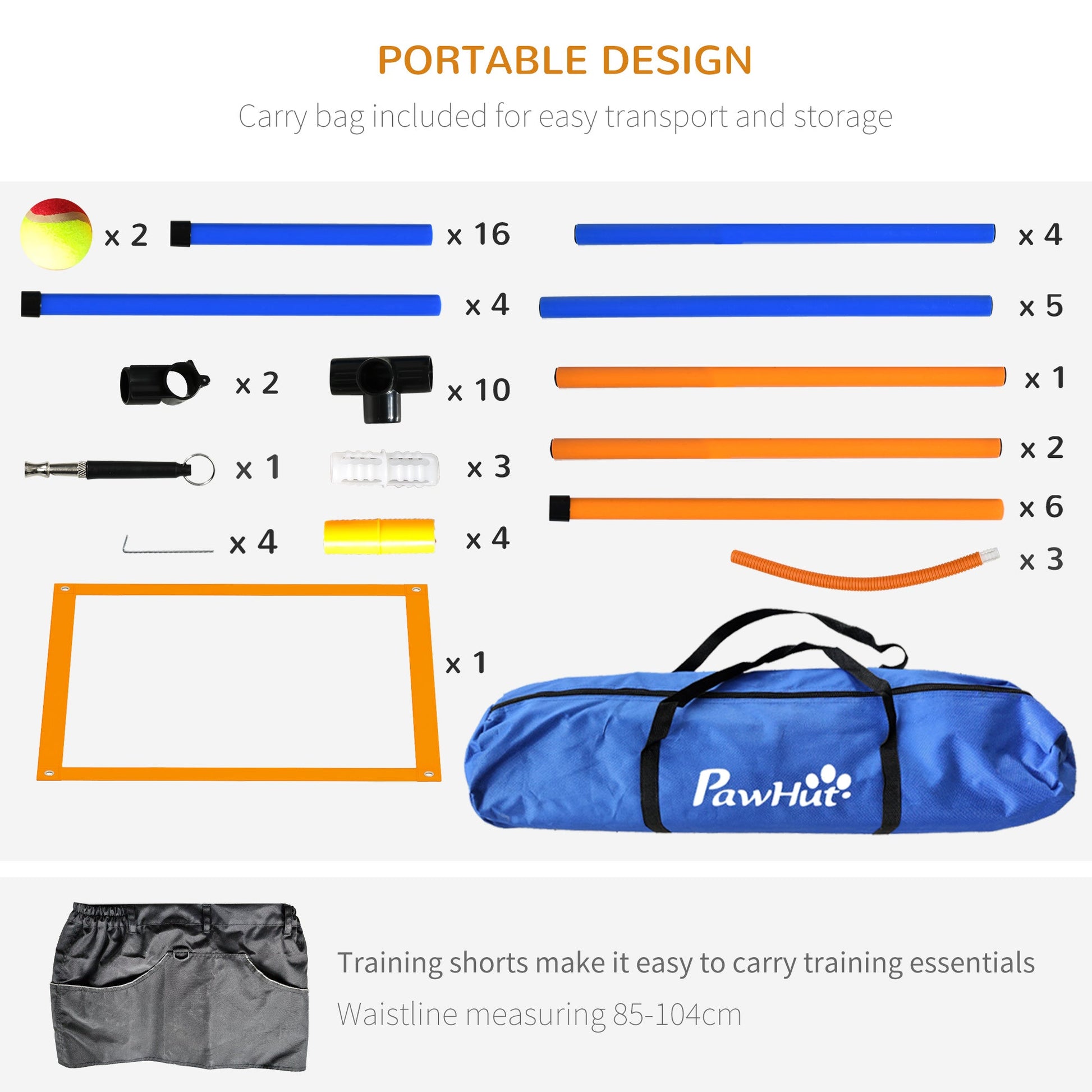 Dog Agility Equipment Set, 8 Piece Outdoor Agility Kit w/ Weave Poles, Adjustable High Jump Ring, Hurdle, Pause Box, Tennis Balls, Whistle, Training Shorts, Carrying Bag, for Dogs - Orange