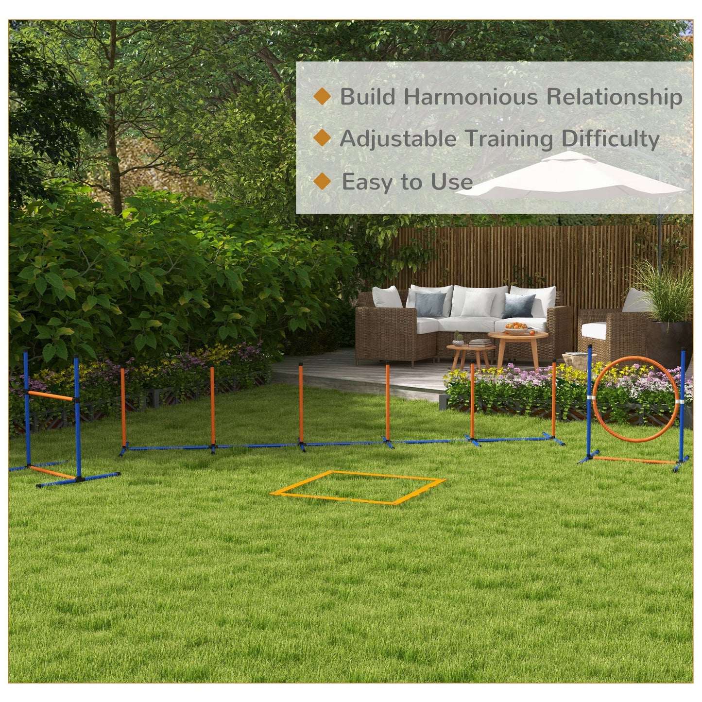 Dog Agility Equipment Set, 8 Piece Outdoor Agility Kit w/ Weave Poles, Adjustable High Jump Ring, Hurdle, Pause Box, Tennis Balls, Whistle, Training Shorts, Carrying Bag, for Dogs - Orange