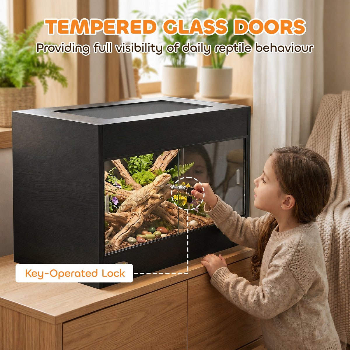 Reptile Terrarium, High-Strength Reptile Vivarium with Sliding Glass Doors, Secure Lock and Top Ventilation, Tarantula Enclosure for Bearded Dragon, Snake and Gecko, 60 x 45 x 45 cm, Black