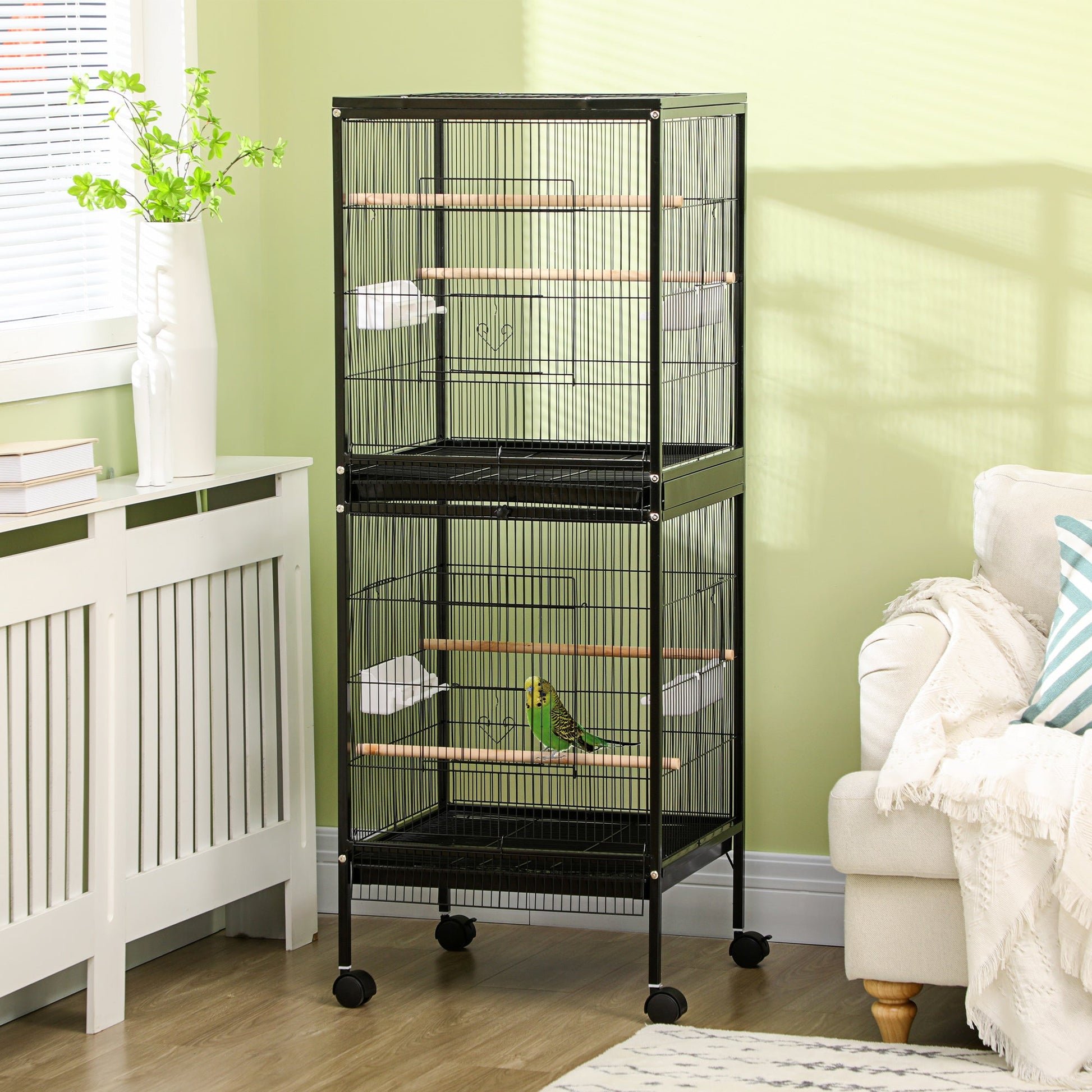 Bird Cage Budgie Cage 2 In 1 Large Aviary with Wheels Removable Trays for Finch Canaries Cockatiels Black