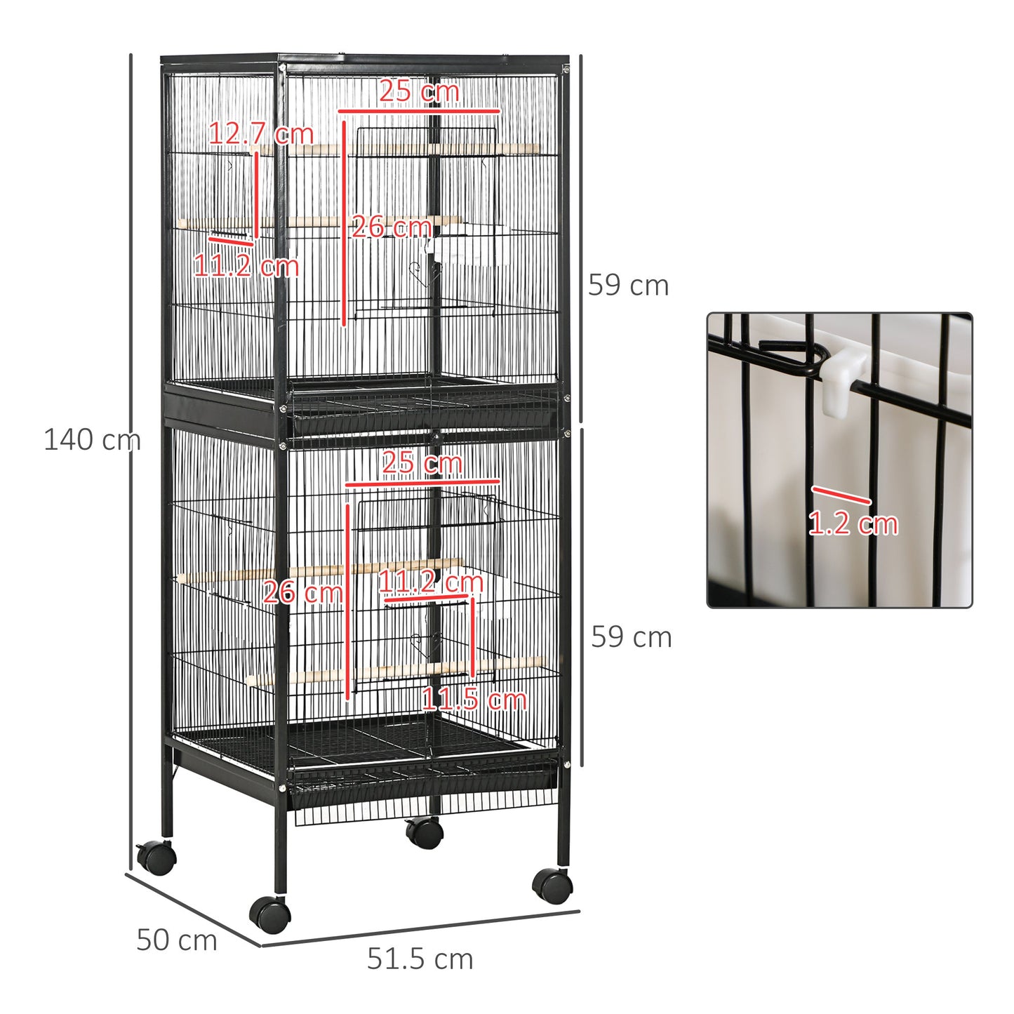 Bird Cage Budgie Cage 2 In 1 Large Aviary with Wheels Removable Trays for Finch Canaries Cockatiels Black
