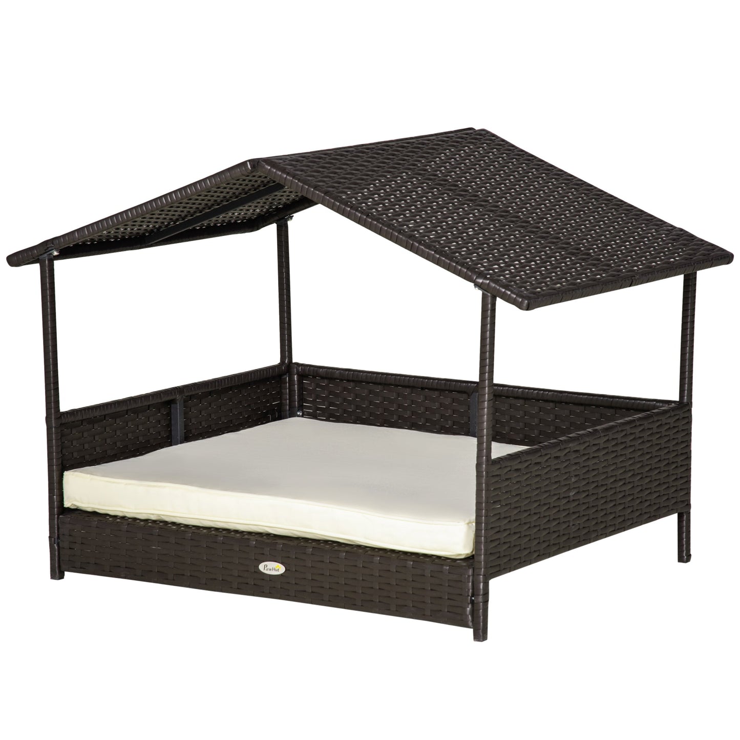 Wicker Dog Bed, Elevated Rattan Dog House with Removable Cushion and Canopy, for Small and Medium Dogs, 98 x 69 x 70cm - Cream