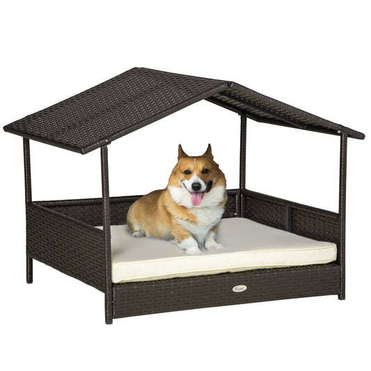 Wicker Dog Bed, Elevated Rattan Dog House with Removable Cushion and Canopy, for Small and Medium Dogs, 98 x 69 x 70cm - Cream