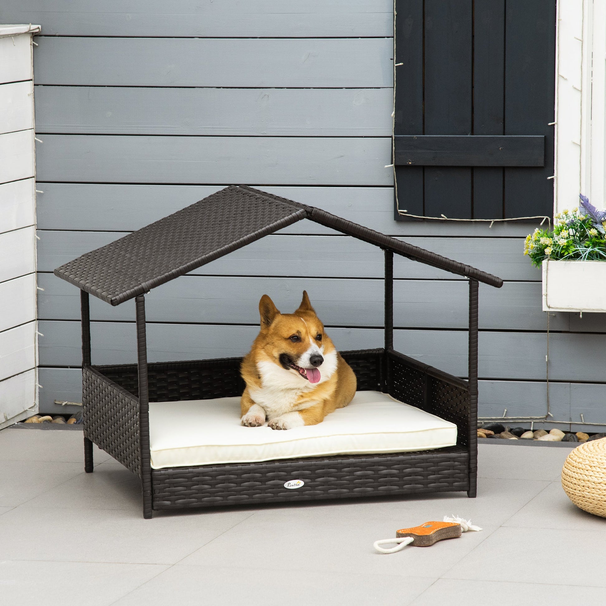 Wicker Dog Bed, Elevated Rattan Dog House with Removable Cushion and Canopy, for Small and Medium Dogs, 98 x 69 x 70cm - Cream