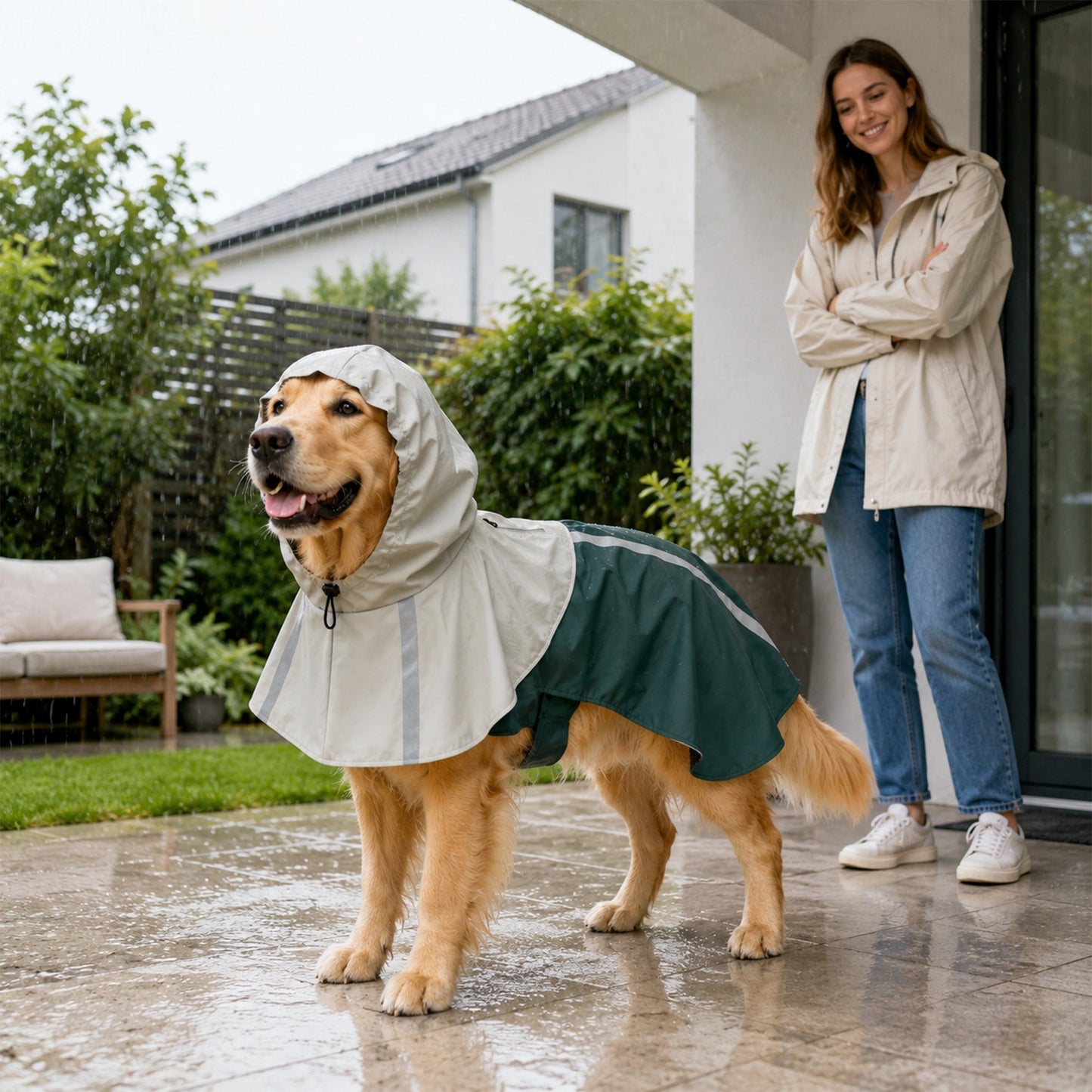 Dog Raincoat with Hood, Waterproof & Breathable Rain Jacket with Reflective Strips and Leash Hole, Adjustable Poncho for Large Dogs, 20-30 KG Available, Green, L