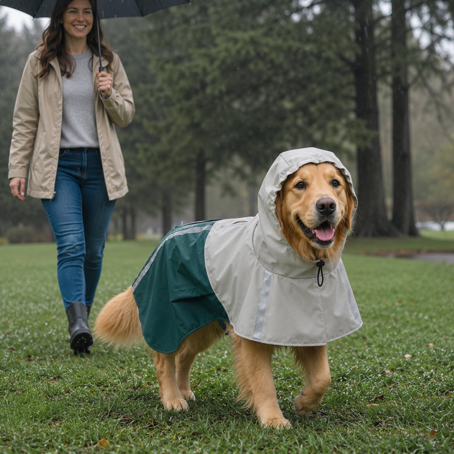 Dog Raincoat with Hood, Waterproof & Breathable Rain Jacket with Reflective Strips and Leash Hole, Adjustable Poncho for Large Dogs, 20-30 KG Available, Green, L