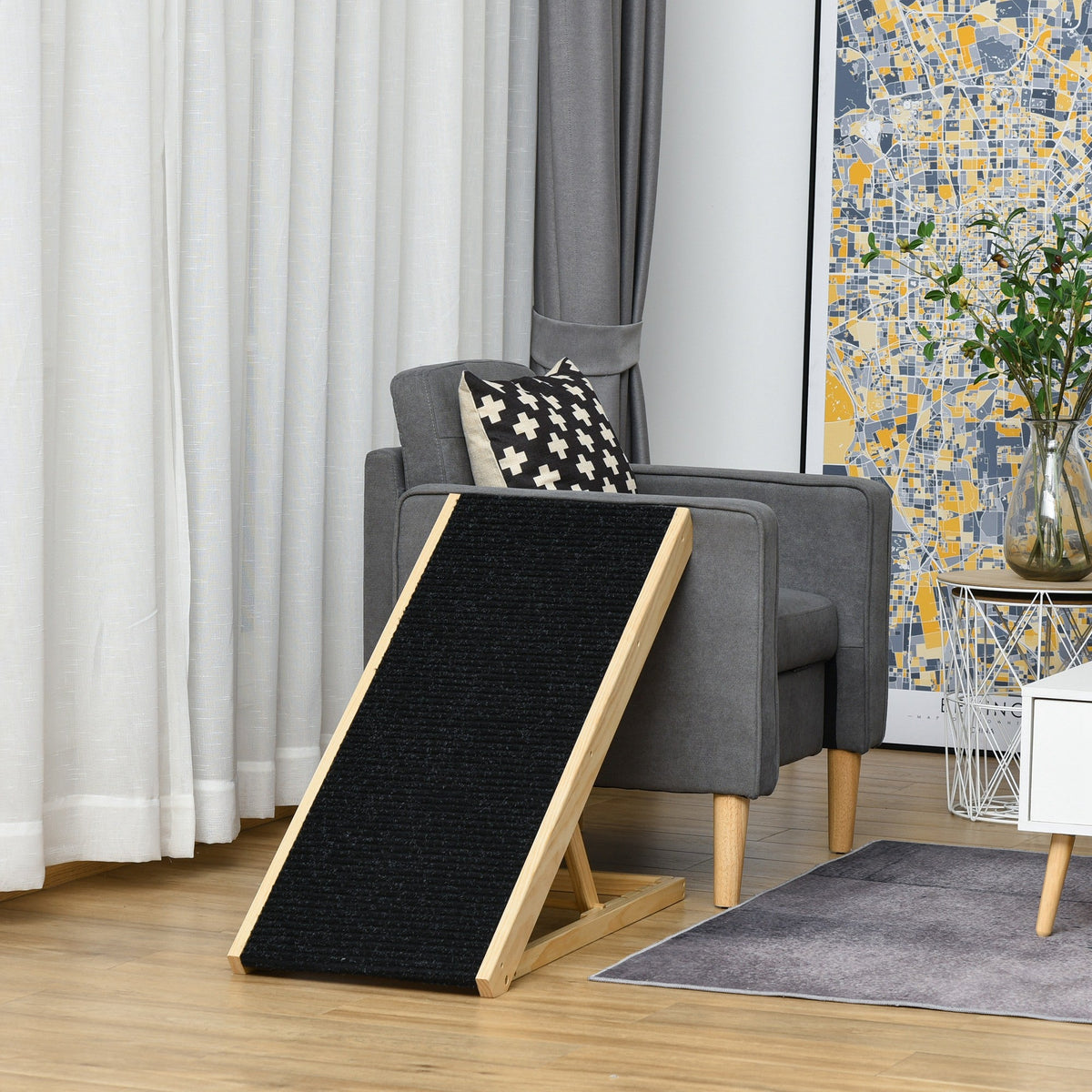 Dog Ramp, Foldable Pet Ramp with 4 Adjustable Heights, Non-Slip Finish for Medium and Large Pets, Wooden Dog Ladder for Sofa, Bed, Car, Black