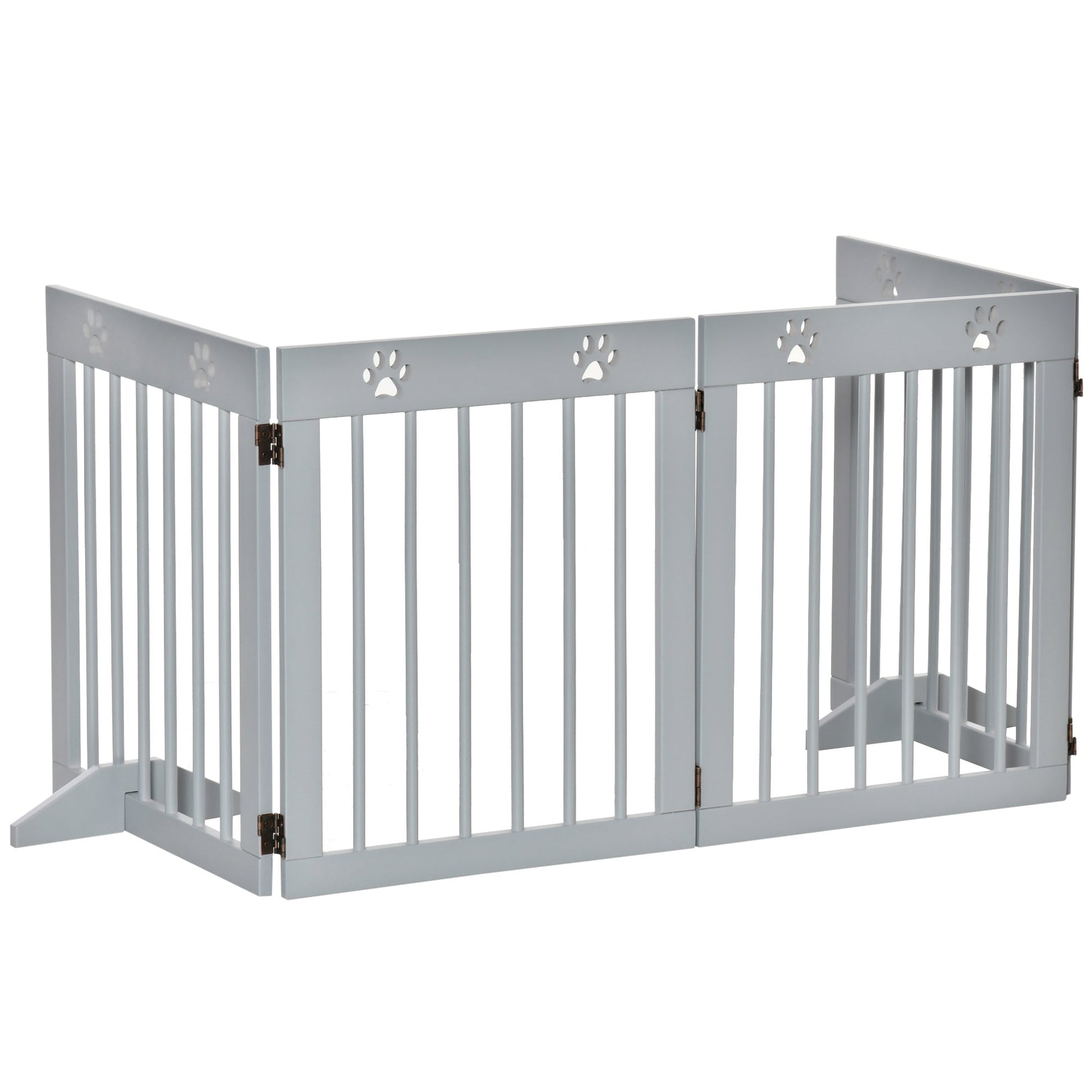 Freestanding Pet Gate 4 Panel Wooden Dog Barrier Folding Safety Fence with Support Feet up to 204cm Long 61cm Tall for Doorway Stairs Light Grey