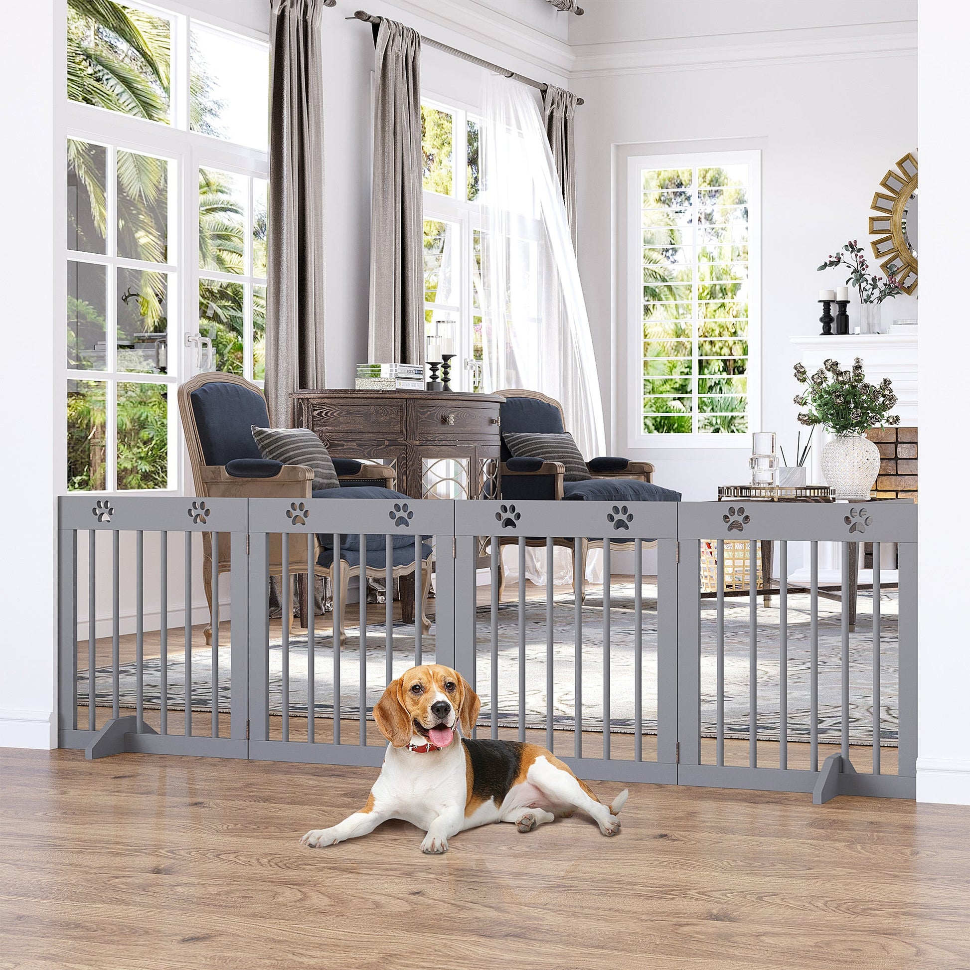 Freestanding Pet Gate 4 Panel Wooden Dog Barrier Folding Safety Fence with Support Feet up to 204cm Long 61cm Tall for Doorway Stairs Light Grey