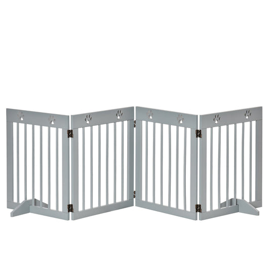 Freestanding Pet Gate 4 Panel Wooden Dog Barrier Folding Safety Fence with Support Feet up to 204cm Long 61cm Tall for Doorway Stairs Light Grey