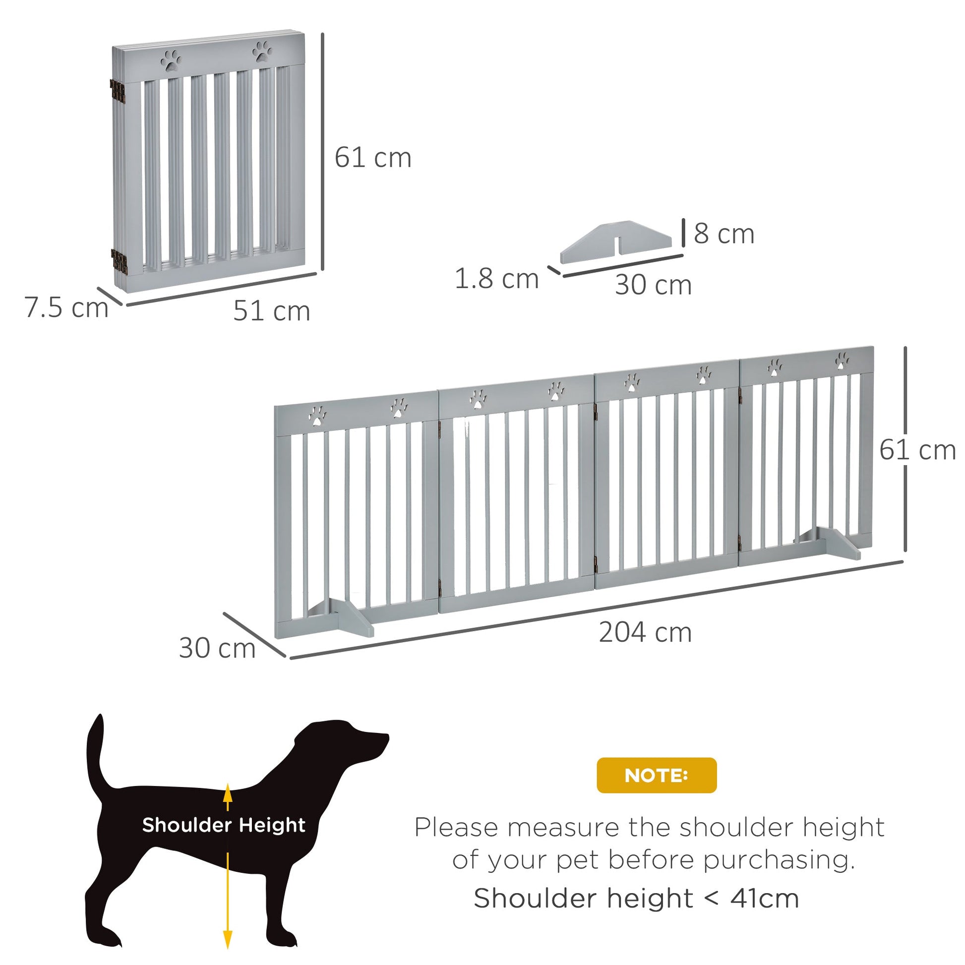 Freestanding Pet Gate 4 Panel Wooden Dog Barrier Folding Safety Fence with Support Feet up to 204cm Long 61cm Tall for Doorway Stairs Light Grey