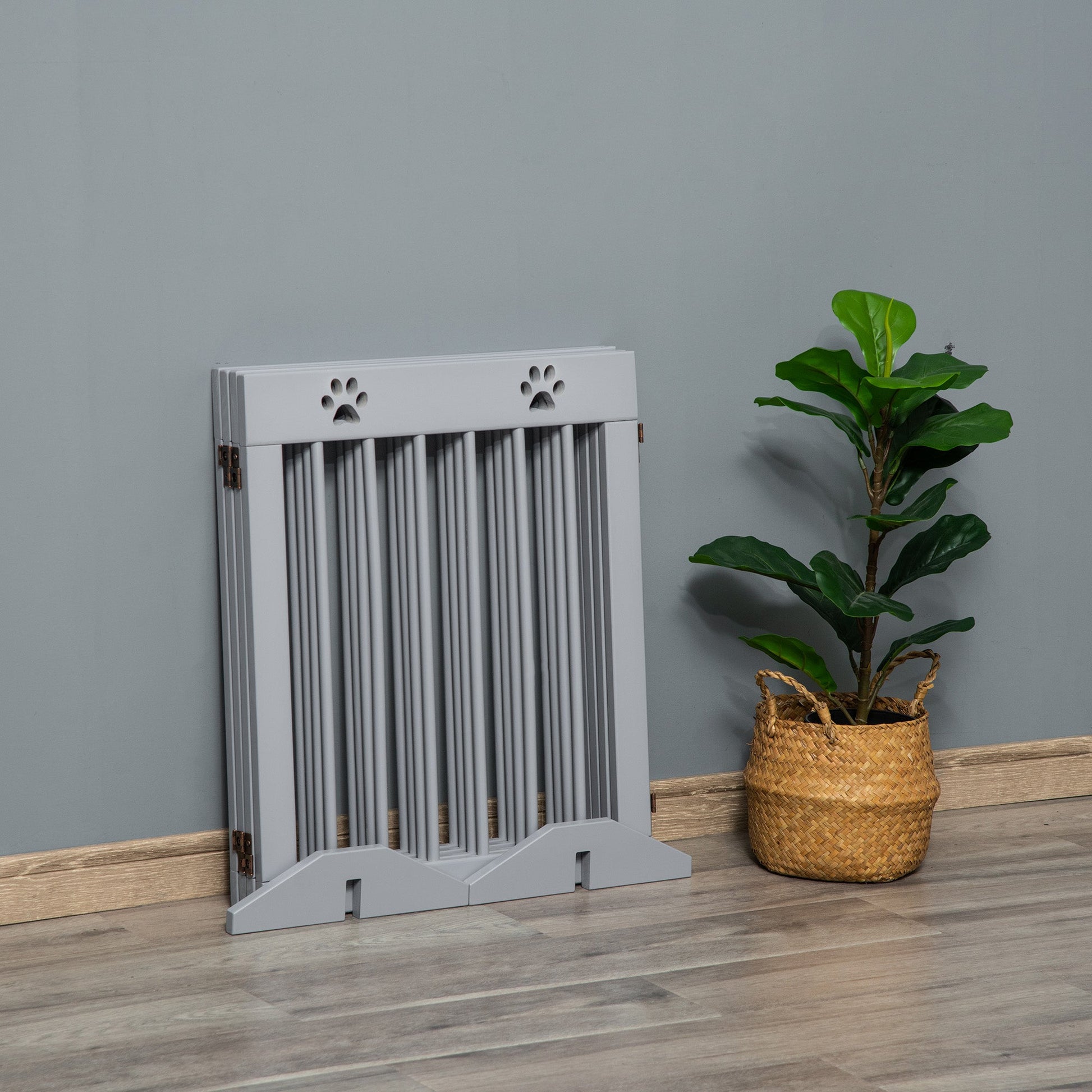 Freestanding Pet Gate 4 Panel Wooden Dog Barrier Folding Safety Fence with Support Feet up to 204cm Long 61cm Tall for Doorway Stairs Light Grey