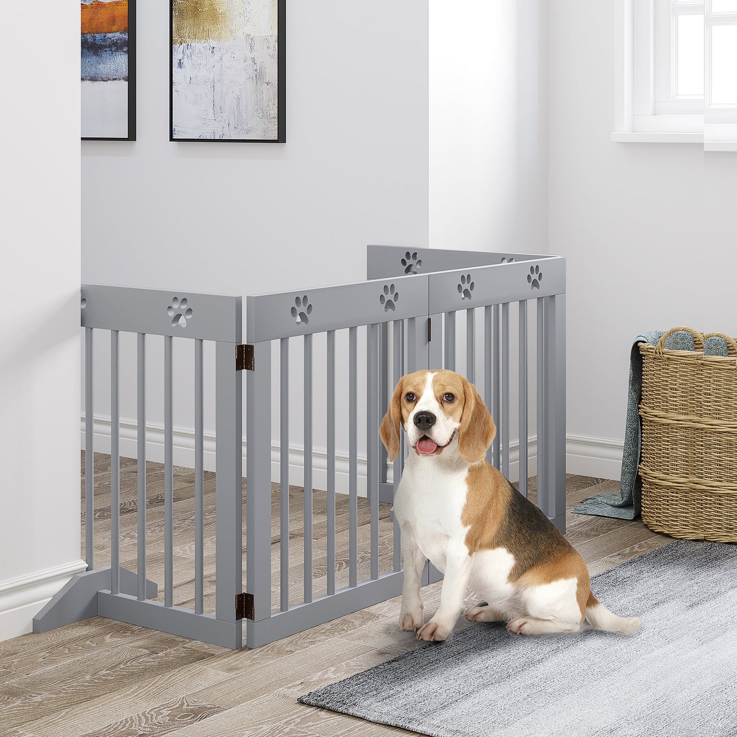 Freestanding Pet Gate 4 Panel Wooden Dog Barrier Folding Safety Fence with Support Feet up to 204cm Long 61cm Tall for Doorway Stairs Light Grey