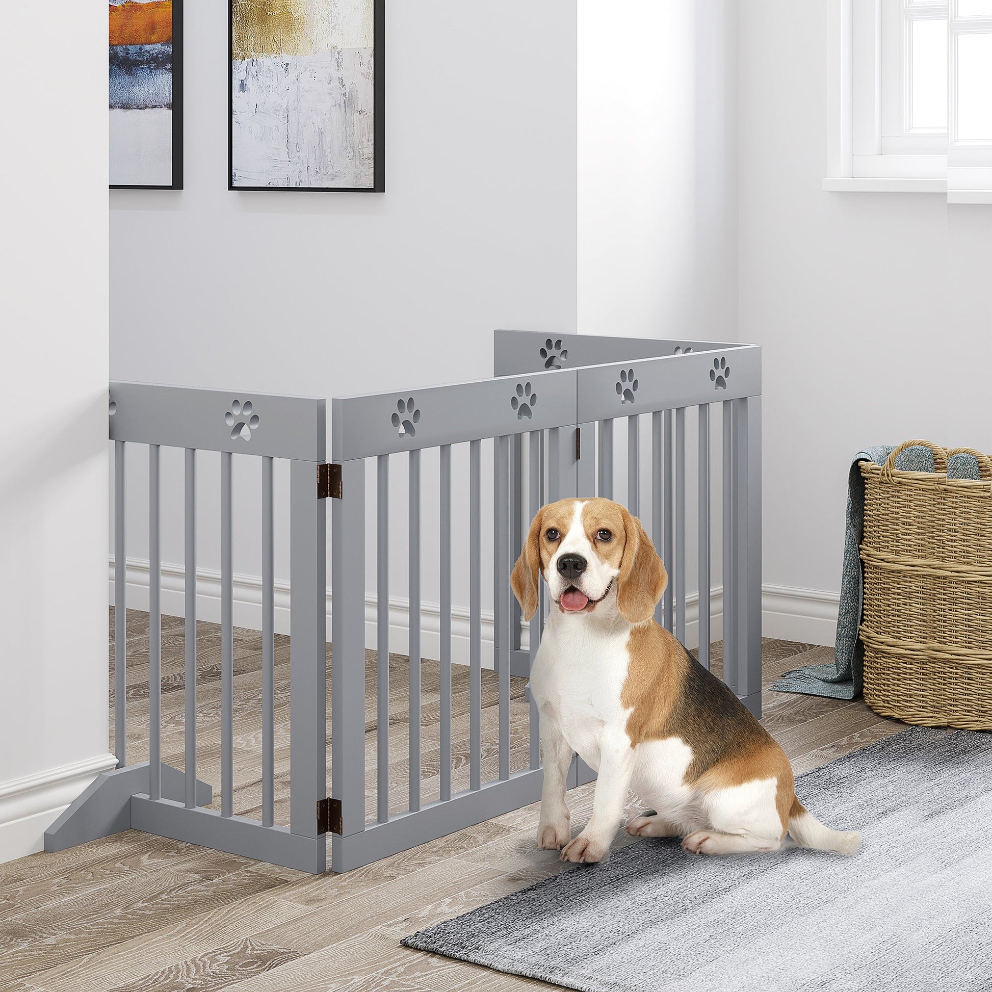 Freestanding Pet Gate 4 Panel Wooden Dog Barrier Folding Safety Fence with Support Feet up to 204cm Long 61cm Tall for Doorway Stairs Light Grey