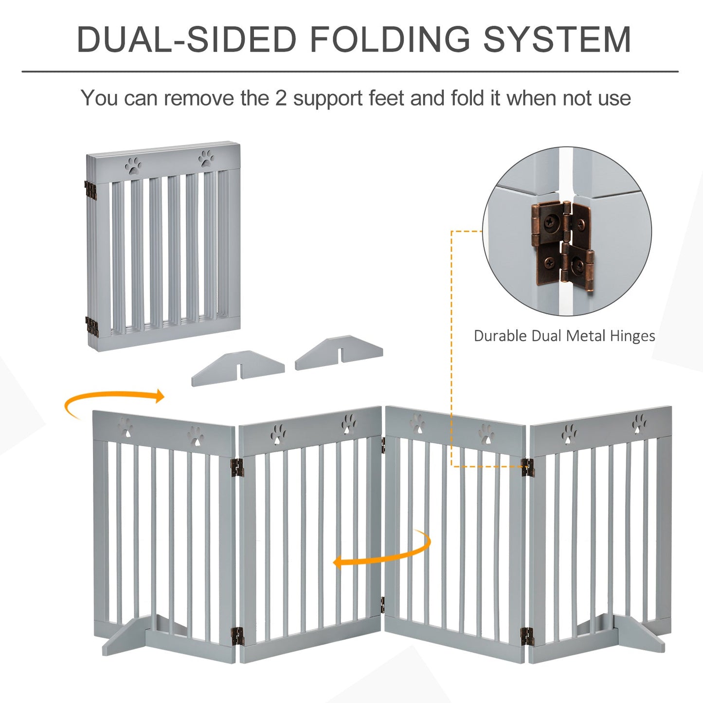 Freestanding Pet Gate 4 Panel Wooden Dog Barrier Folding Safety Fence with Support Feet up to 204cm Long 61cm Tall for Doorway Stairs Light Grey