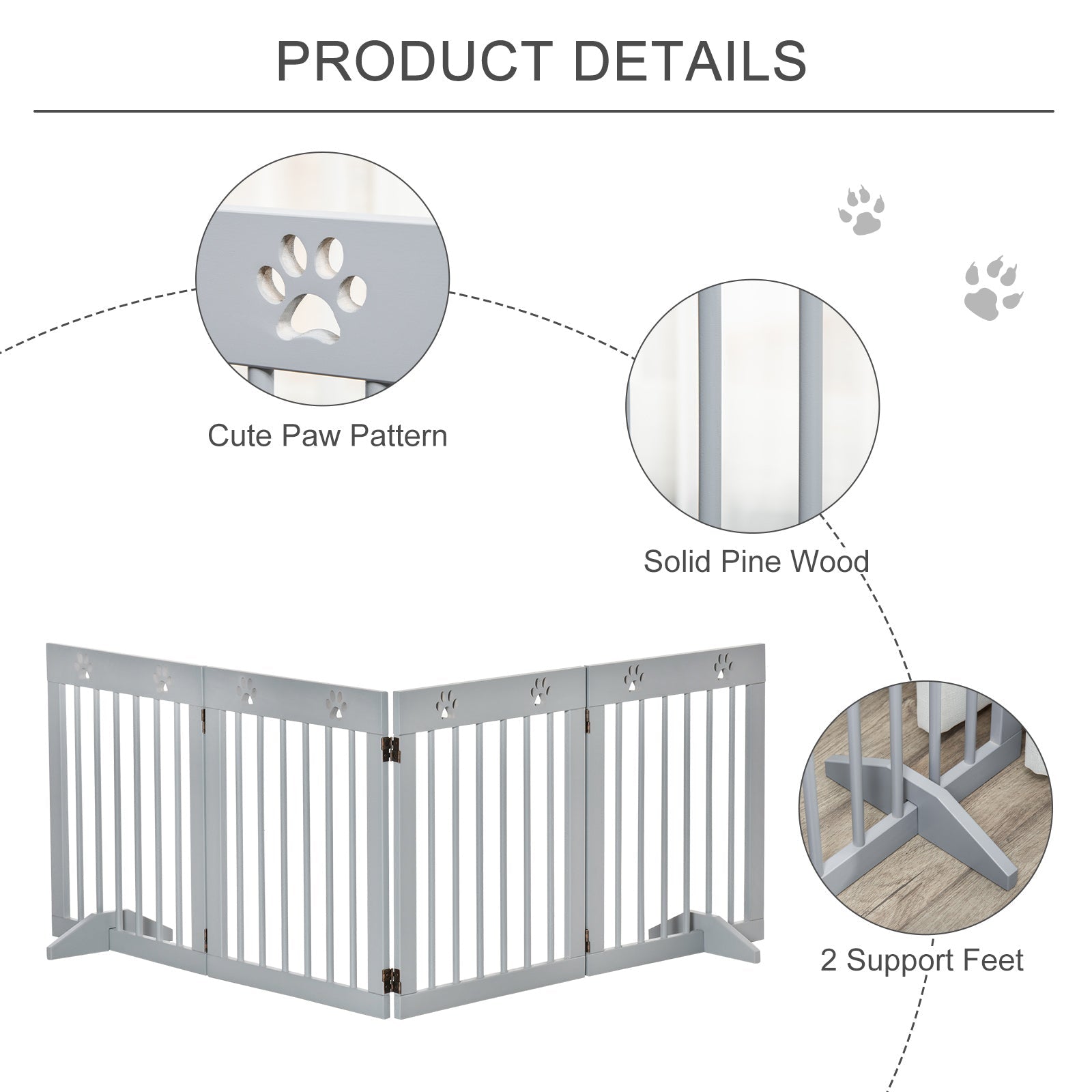 Freestanding Pet Gate 4 Panel Wooden Dog Barrier Folding Safety Fence with Support Feet up to 204cm Long 61cm Tall for Doorway Stairs Light Grey