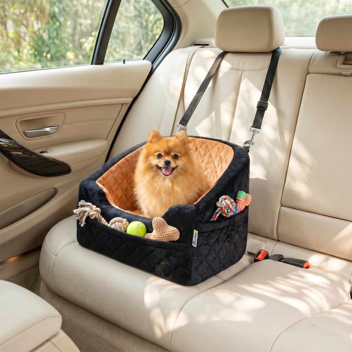 Dog Car Seat for Small Breeds Under 10kg, Dog Booster Seat Detachable Washable with Seat Belt, Thick Cushion, Portable Pet Travel Bed with Storage Pockets, Brown