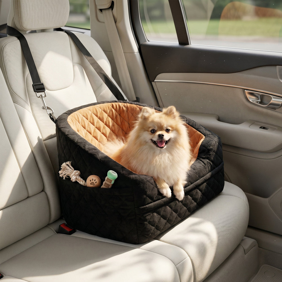 Dog Car Seat for Small Breeds Under 10kg, Dog Booster Seat Detachable Washable with Seat Belt, Thick Cushion, Portable Pet Travel Bed with Storage Pockets, Brown