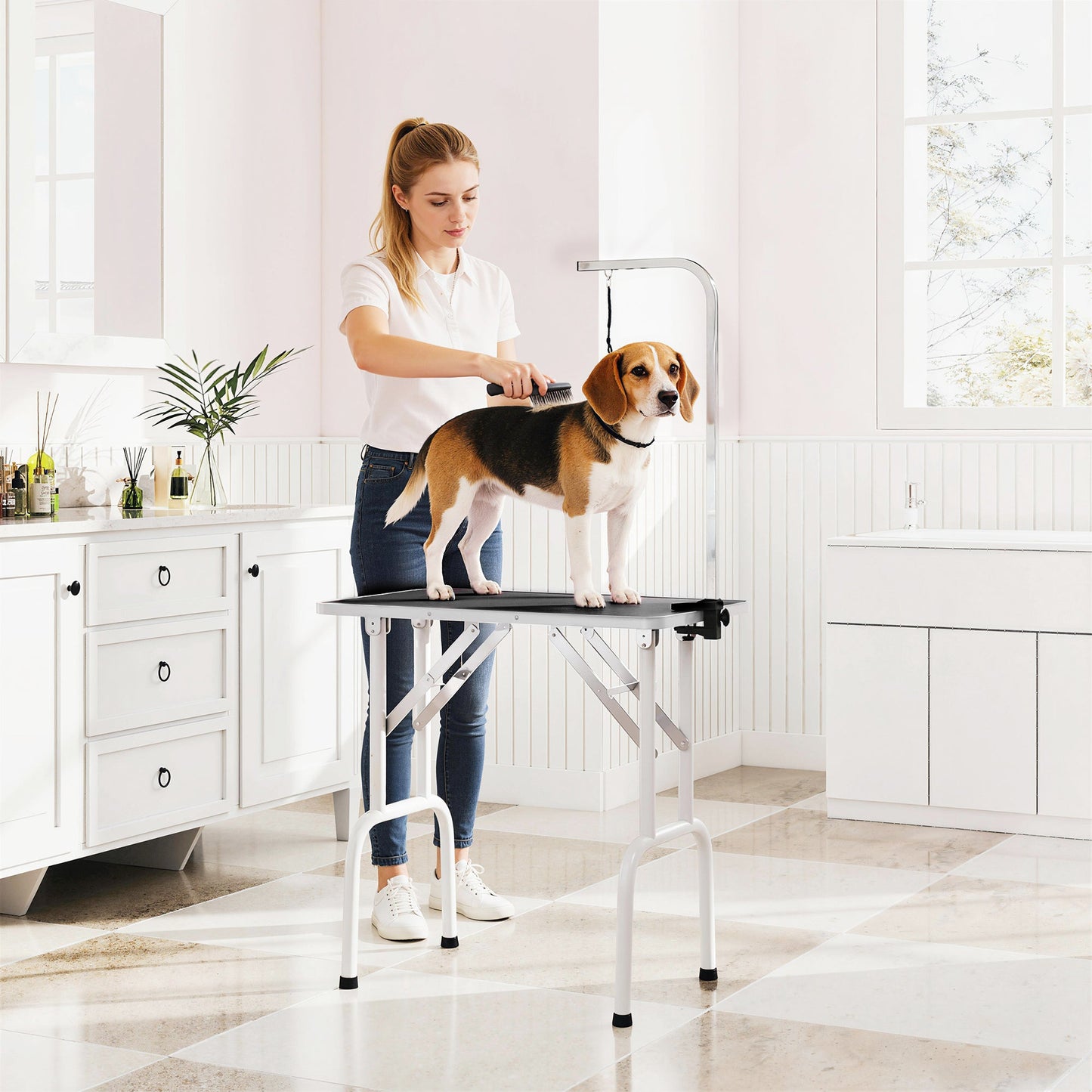 32" Foldable Dog Grooming Table Pet Drying Beauty Table with 20-60cm Adjustable Arm, Rubber Top, Black