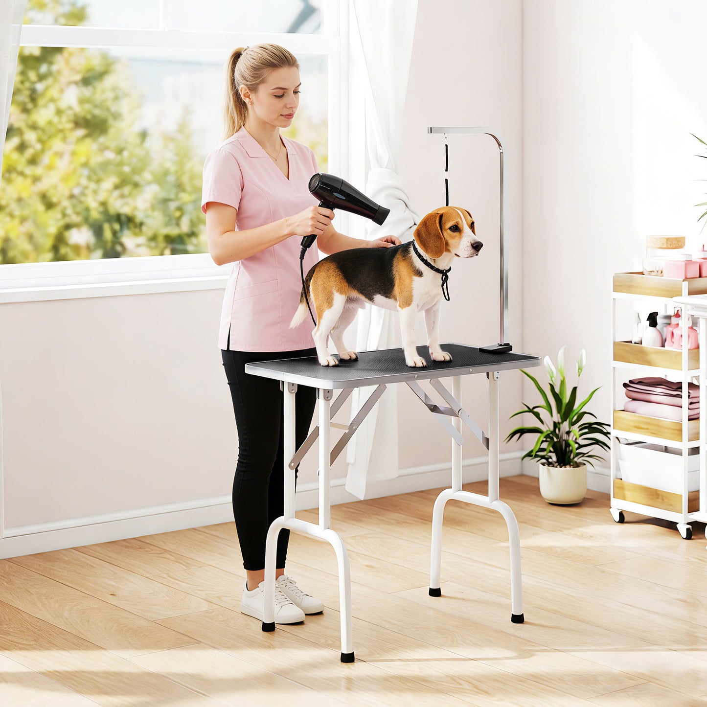 32" Foldable Dog Grooming Table Pet Drying Beauty Table with 20-60cm Adjustable Arm, Rubber Top, Black