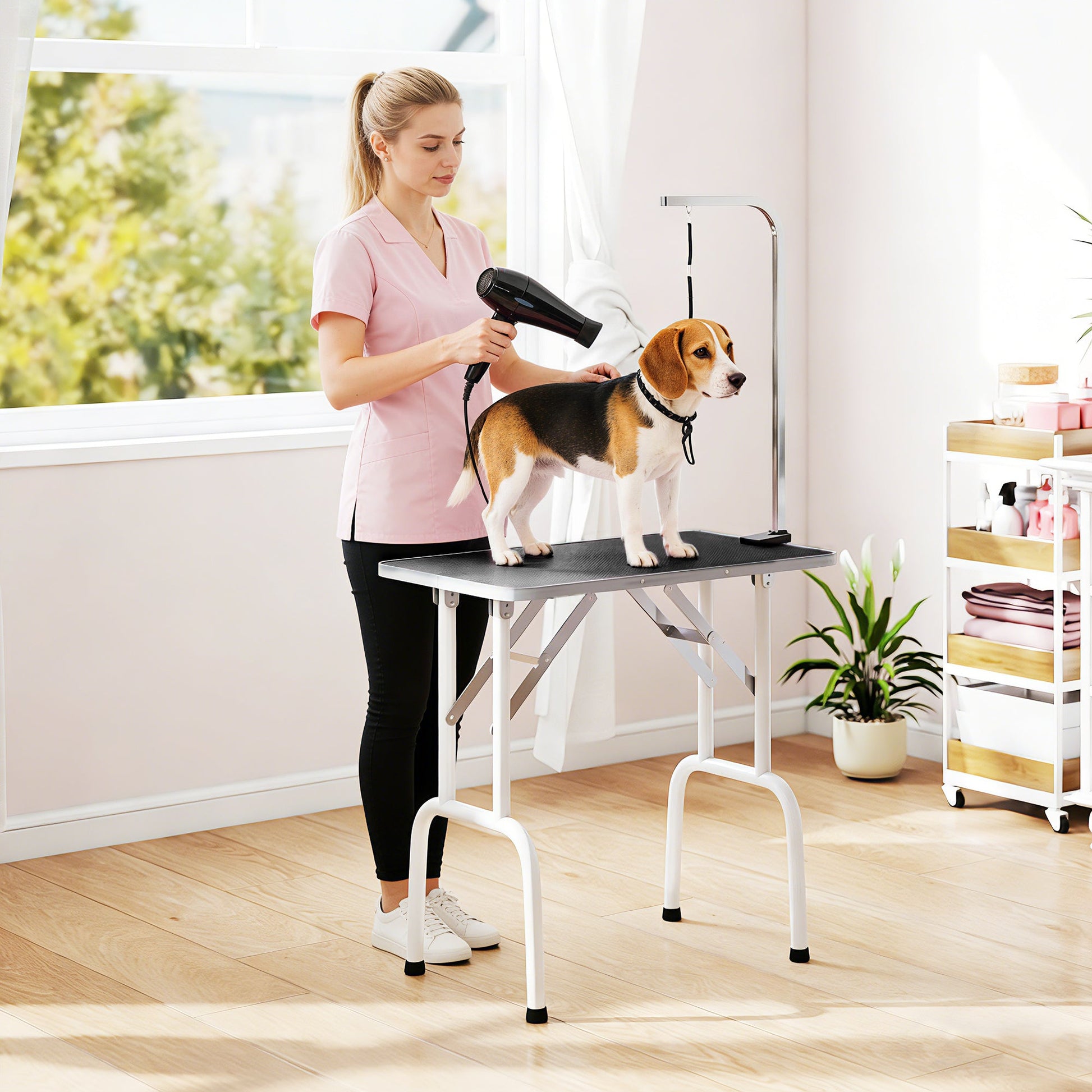 32" Foldable Dog Grooming Table Pet Drying Beauty Table with 20-60cm Adjustable Arm, Rubber Top, Black