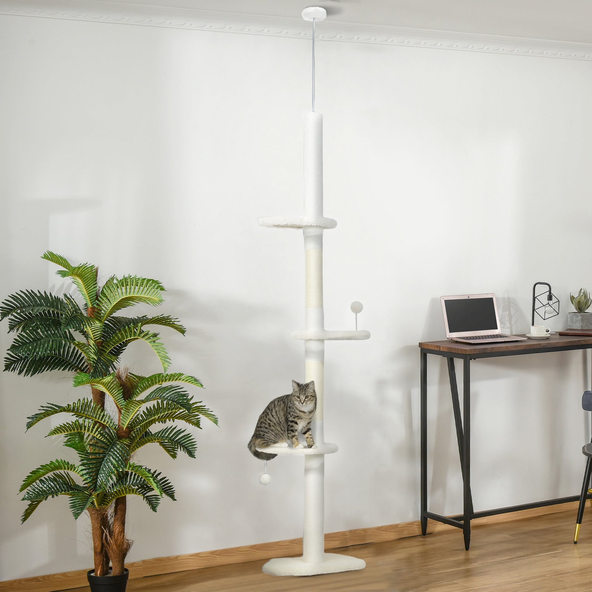 Floor to Ceiling Cat Tree, 225-255 cm Adjustable Cat Climbing Tower with 3 Cloud Perches, Sisal Scratching Posts, 2 Hanging Play Balls and Anti-Tip Strap, Beige