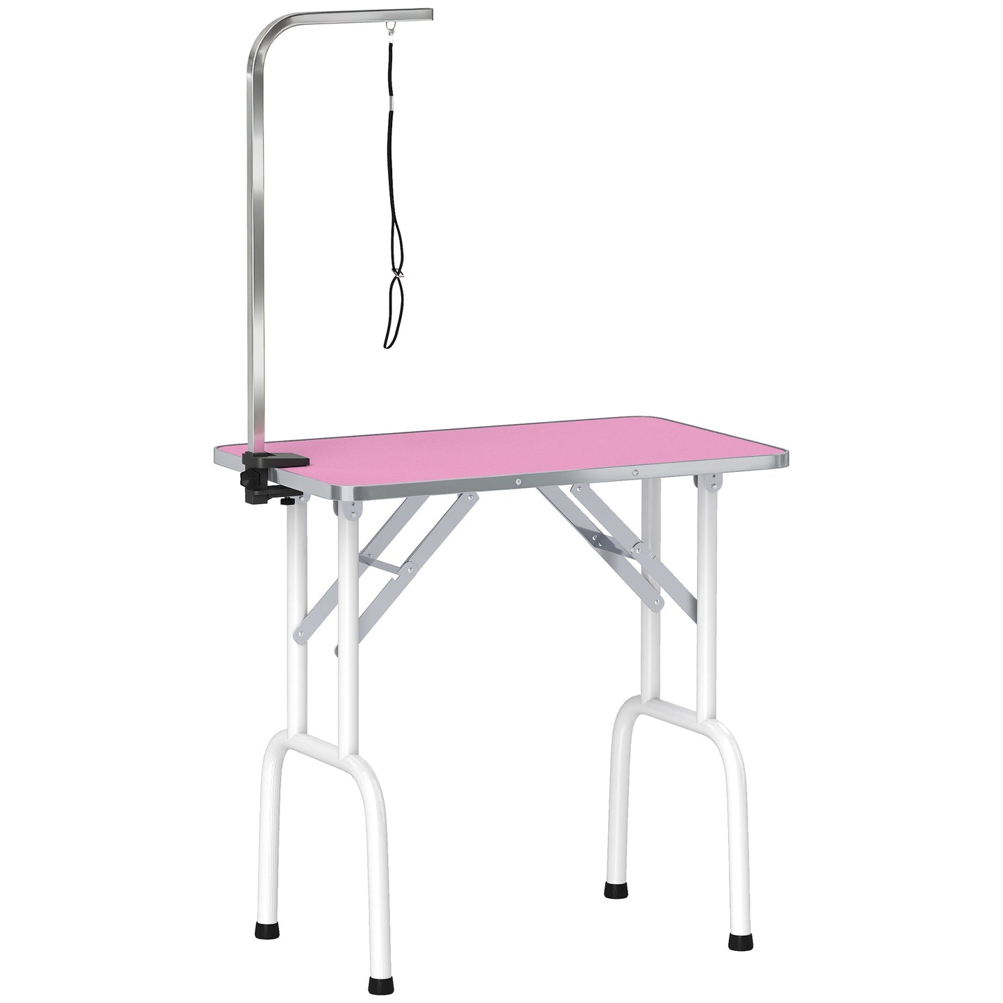 Foldable Dog Grooming Table, 32" Portable Pet Grooming Table with Height Adjustable Arm and Anti-Slip Rubber Top for Small Medium Dogs and Cats, Pink