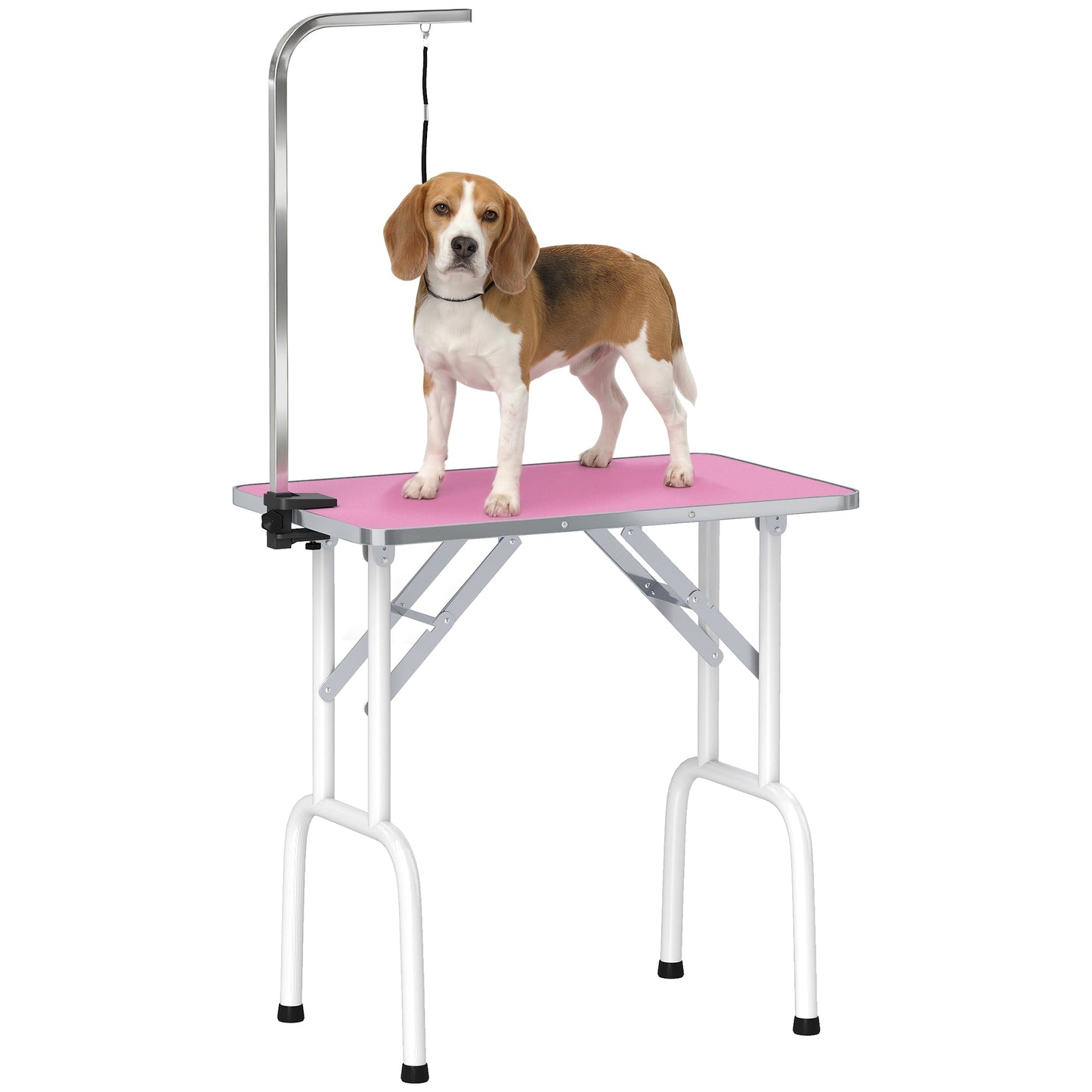 Foldable Dog Grooming Table, 32" Portable Pet Grooming Table with Height Adjustable Arm and Anti-Slip Rubber Top for Small Medium Dogs and Cats, Pink