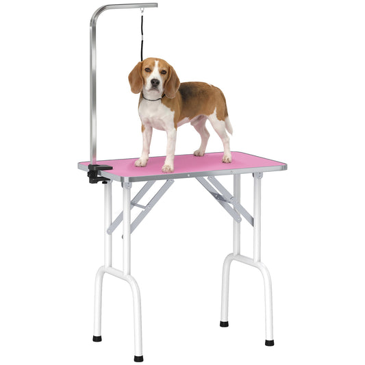 Foldable Dog Grooming Table, 32" Portable Pet Grooming Table with Height Adjustable Arm and Anti-Slip Rubber Top for Small Medium Dogs and Cats, Pink