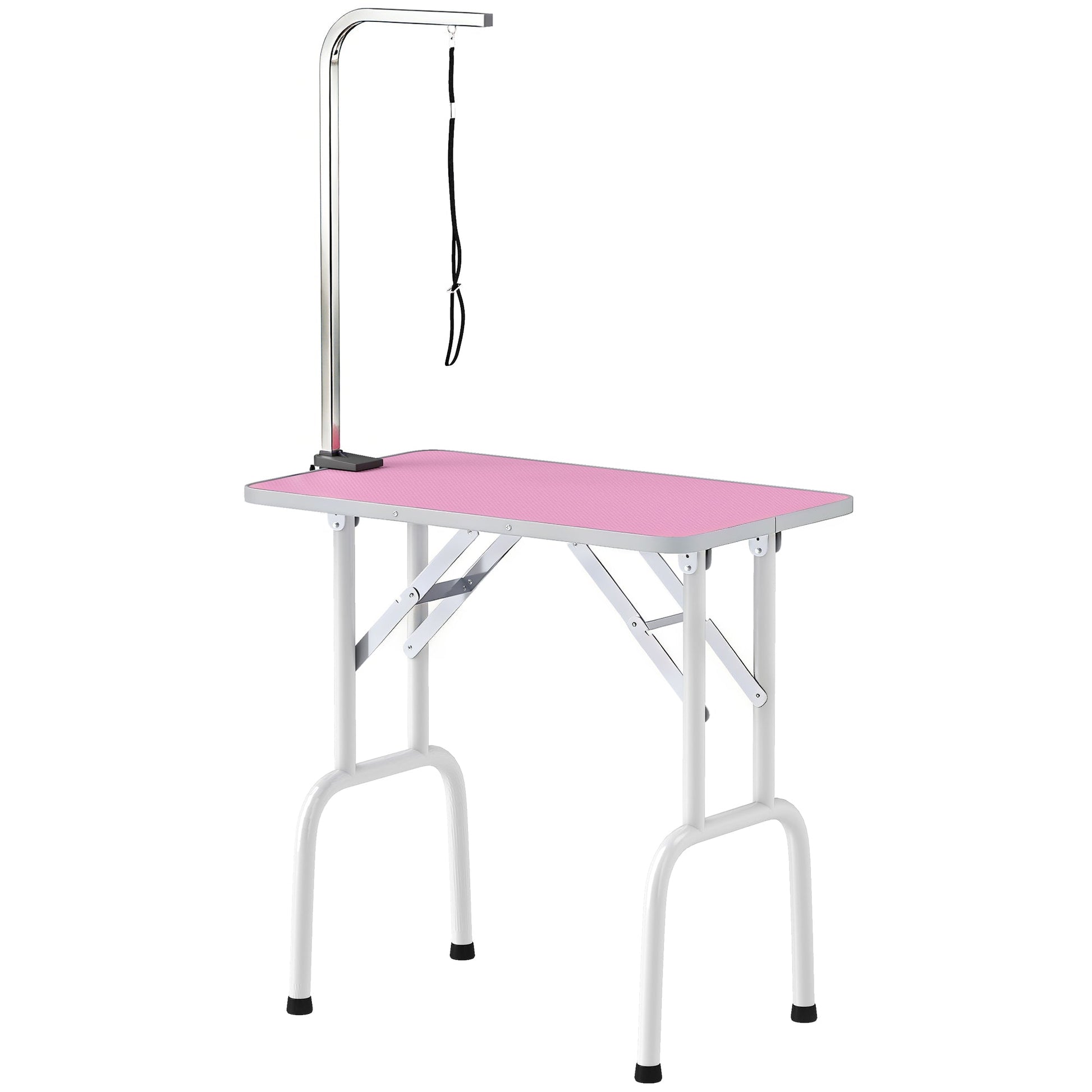 Foldable Dog Grooming Table, 32" Portable Pet Grooming Table with Height Adjustable Arm and Anti-Slip Rubber Top for Small Medium Dogs and Cats, Pink