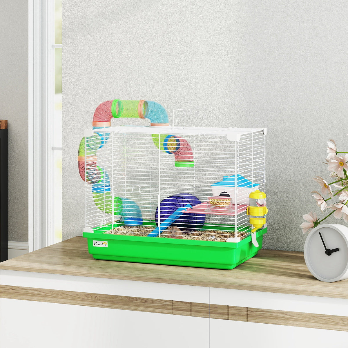 2 Tier Hamster Cage, Gerbil Cage with Handle, Exercise Wheels, Tunnel, Water Bottle, Dishes, Ladder, for Dwarf Hamster, Green