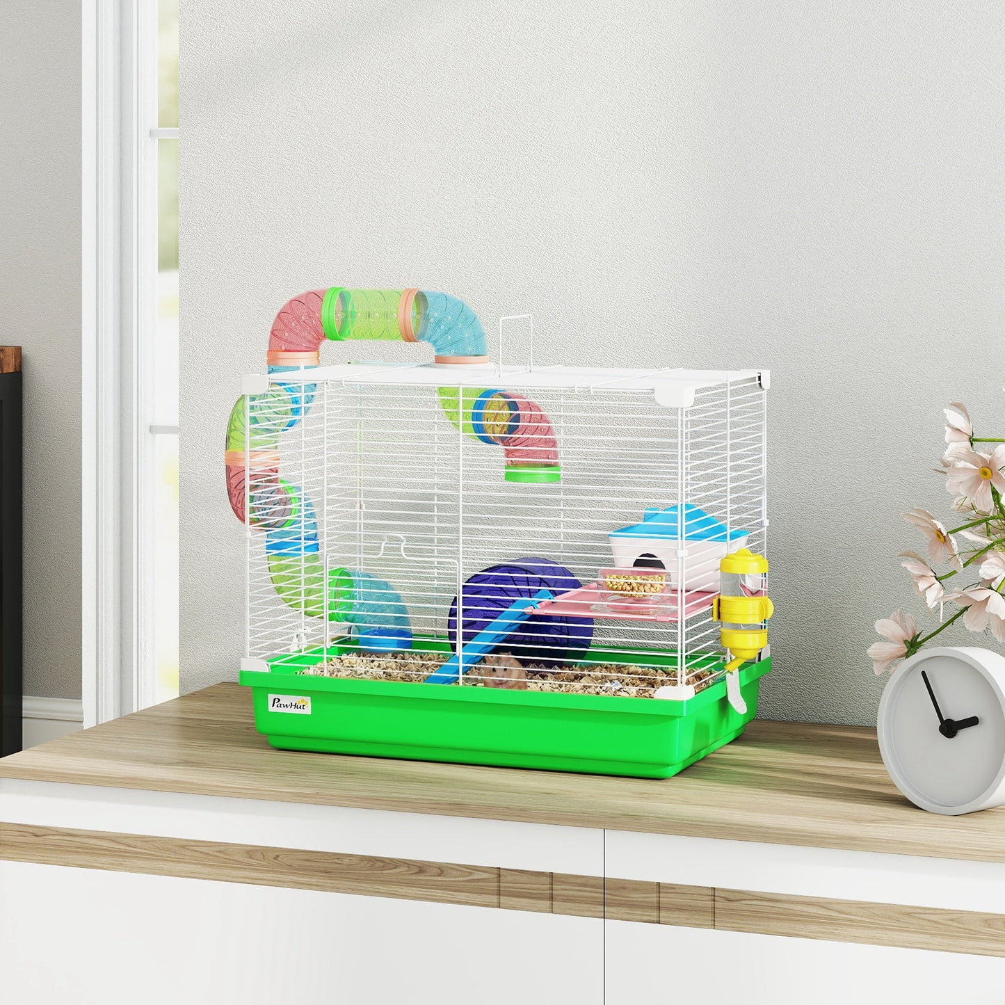 2 Tier Hamster Cage, Gerbil Cage with Handle, Exercise Wheels, Tunnel, Water Bottle, Dishes, Ladder, for Dwarf Hamster, Green