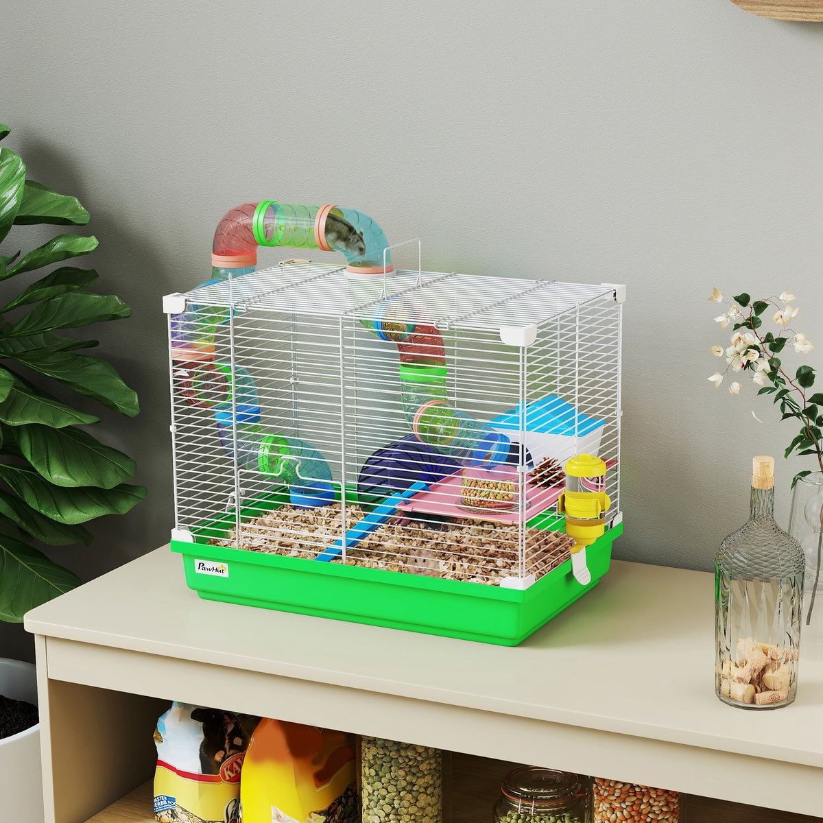 2 Tier Hamster Cage, Gerbil Cage with Handle, Exercise Wheels, Tunnel, Water Bottle, Dishes, Ladder, for Dwarf Hamster, Green