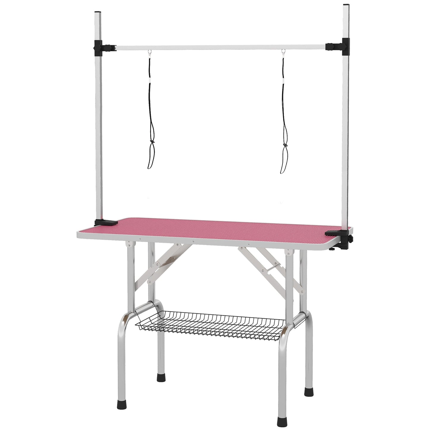 42" Foldable Dog Grooming Table Adjustable Pet Cat Drying Beauty Table Rubber Top with 2 Loops Storage Basket Metal Pink
