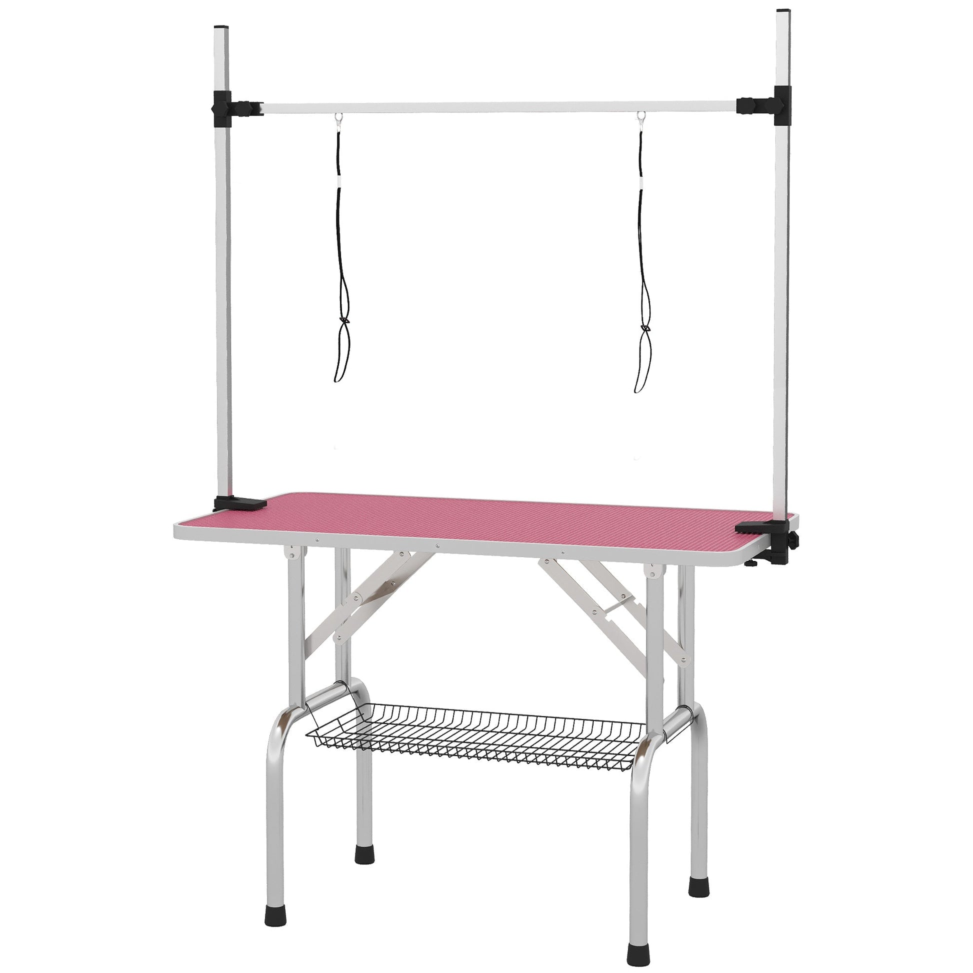42" Foldable Dog Grooming Table Adjustable Pet Cat Drying Beauty Table Rubber Top with 2 Loops Storage Basket Metal Pink